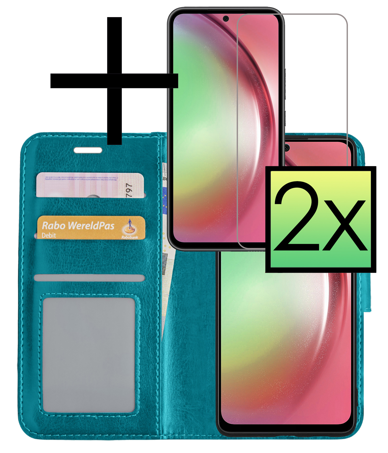 NoXx Hoes Geschikt voor Samsung A54 Hoesje Book Case Hoes Flip Cover Wallet Bookcase Met 2x Screenprotector - Turquoise