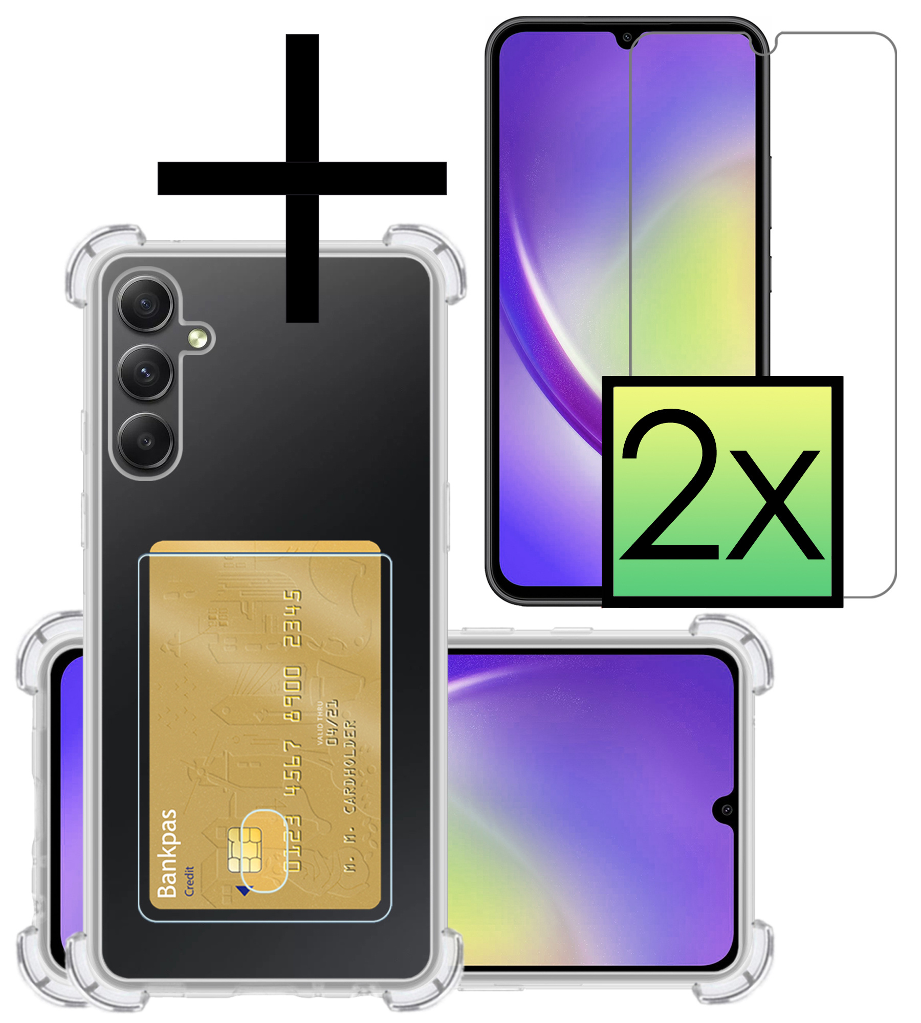 NoXx Hoes Geschikt voor Samsung A34 Hoesje Pasjeshouder Cover Shock Proof Case Siliconen Hoes Met Kaarthouder Met 2x Screenprotector - Transparant