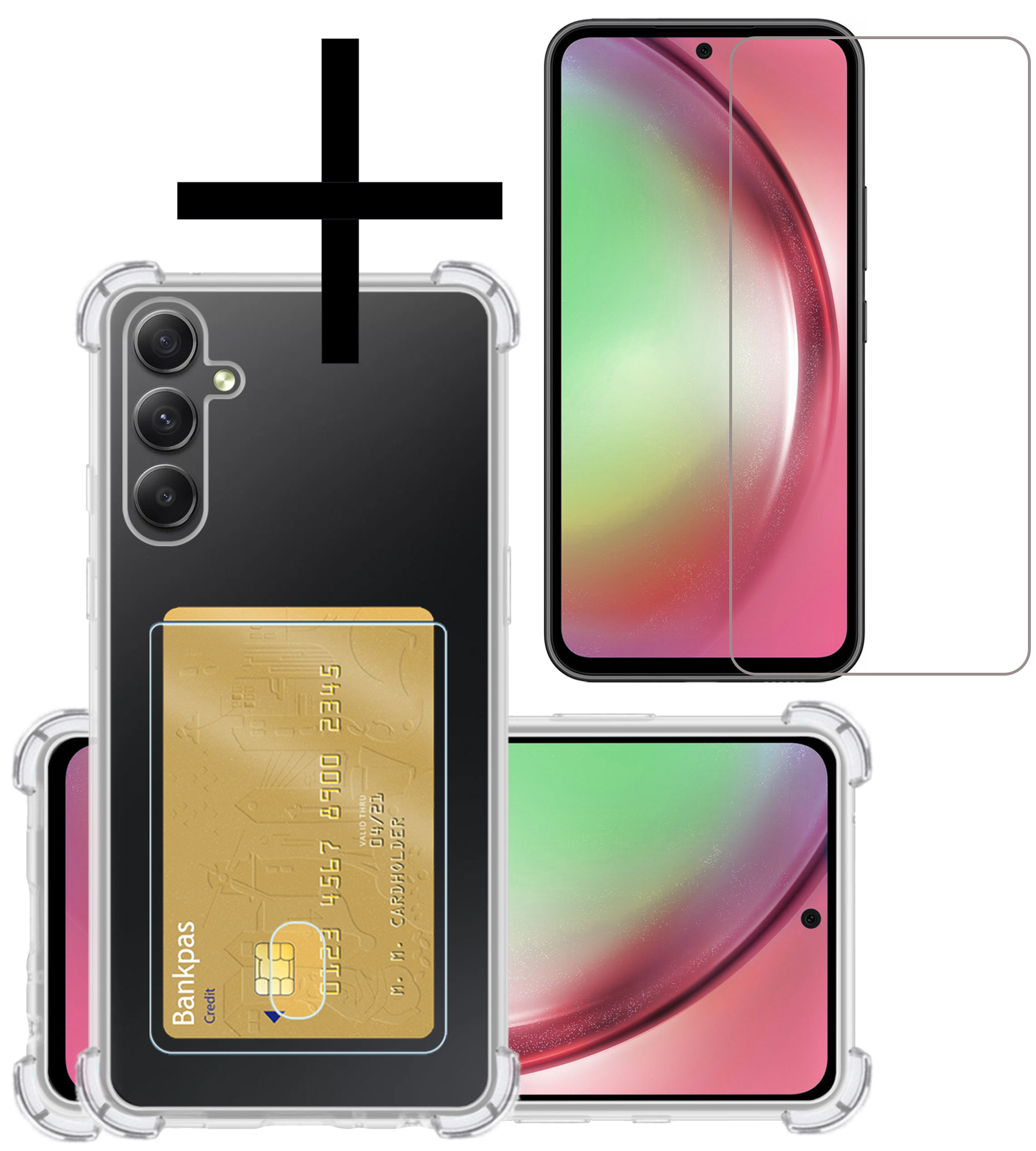 NoXx Hoes Geschikt voor Samsung A54 Hoesje Pasjeshouder Cover Shock Proof Case Siliconen Hoes Met Kaarthouder Met Screenprotector - Transparant