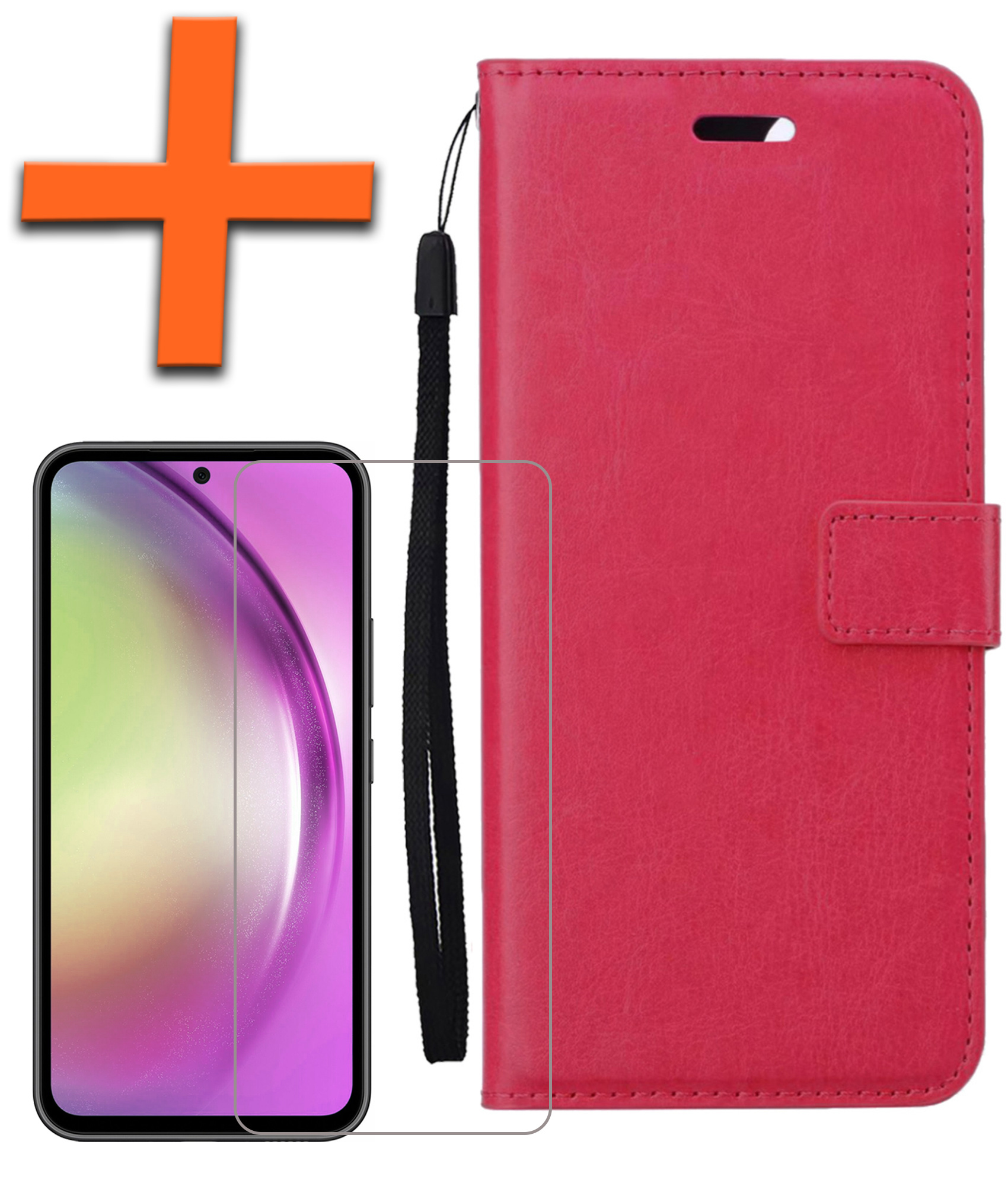 Nomfy Hoesje Geschikt voor Samsung A54 Hoes Bookcase Flipcase Book Cover Met Screenprotector - Hoes Geschikt voor Samsung Galaxy A54 Hoesje Book Case - Donkerroze