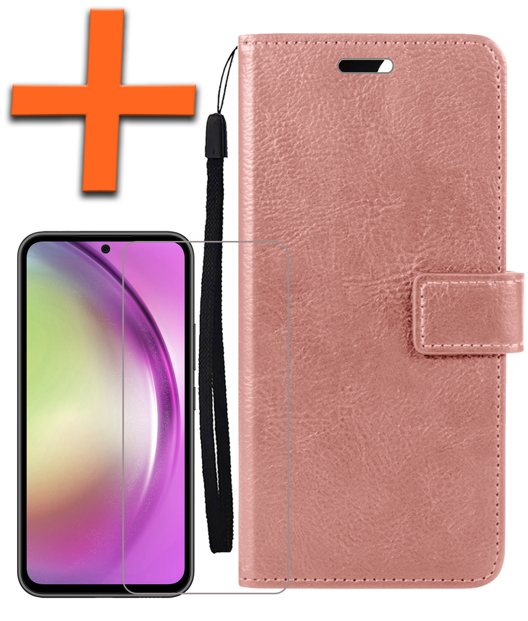 Nomfy Hoesje Geschikt voor Samsung A54 Hoes Bookcase Flipcase Book Cover Met Screenprotector - Hoes Geschikt voor Samsung Galaxy A54 Hoesje Book Case - Rosé goud