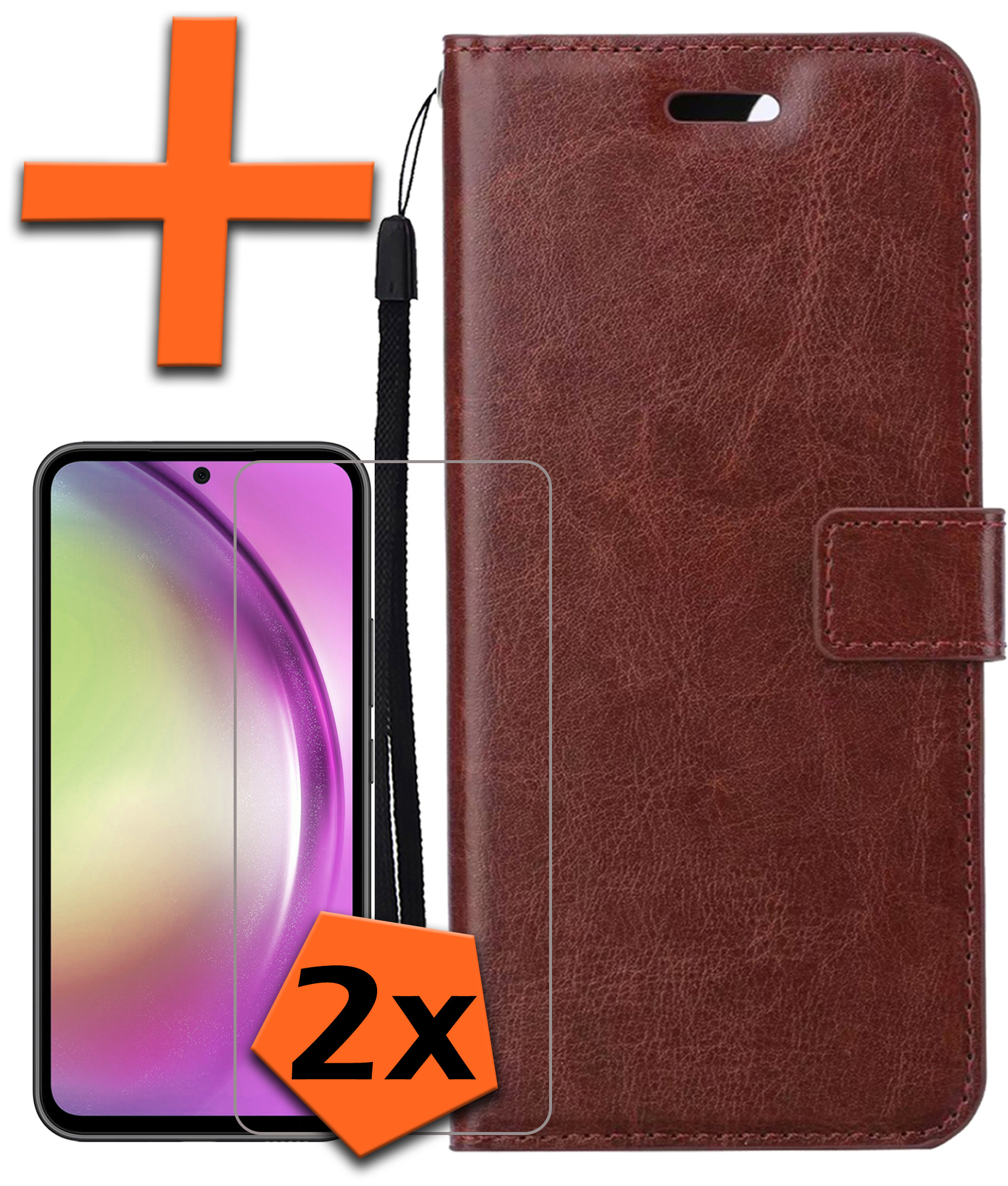 Nomfy Hoesje Geschikt voor Samsung A54 Hoes Bookcase Flipcase Book Cover Met 2x Screenprotector - Hoes Geschikt voor Samsung Galaxy A54 Hoesje Book Case - Bruin