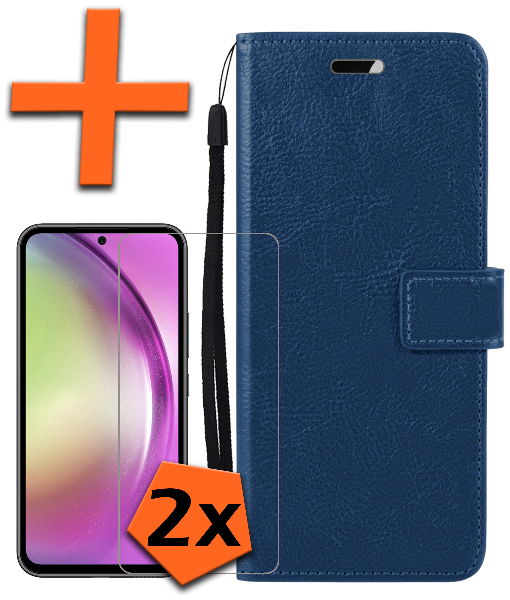 Nomfy Hoesje Geschikt voor Samsung A54 Hoes Bookcase Flipcase Book Cover Met 2x Screenprotector - Hoes Geschikt voor Samsung Galaxy A54 Hoesje Book Case - Donkerblauw