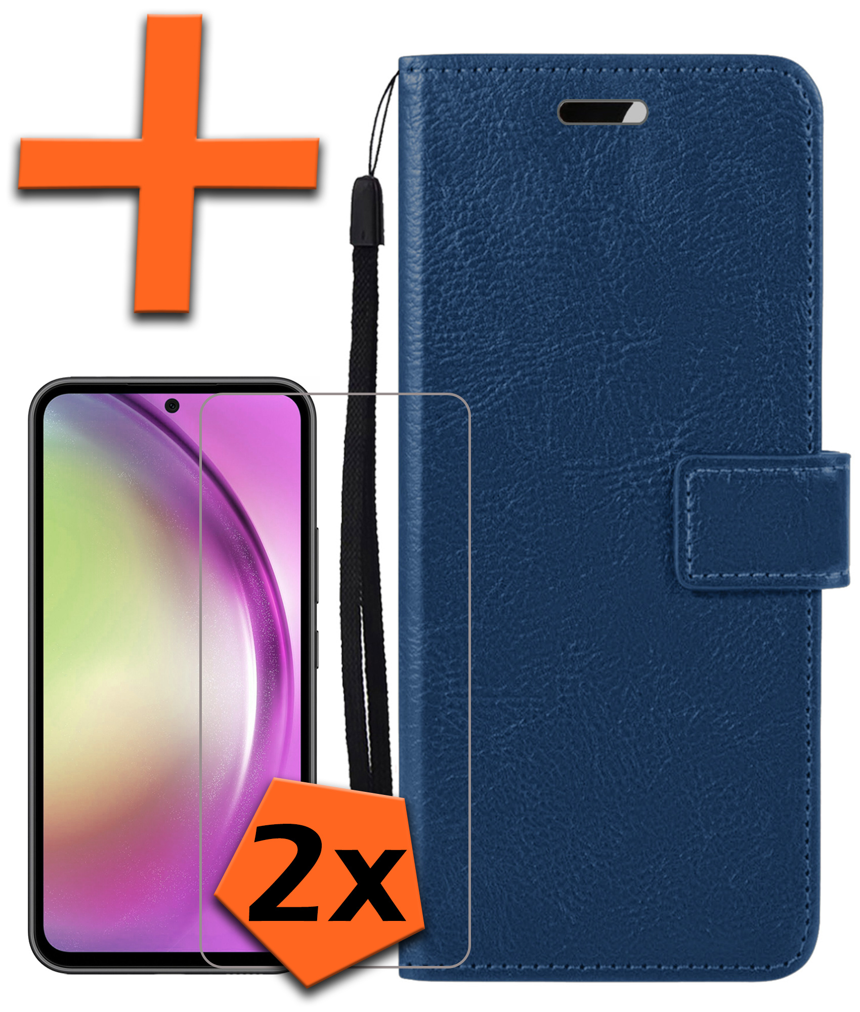 Samsung A54 Hoes Bookcase Flipcase Book Cover Met 2x Screenprotector - Samsung Galaxy A54 Hoesje Book Case - Donker Blauw
