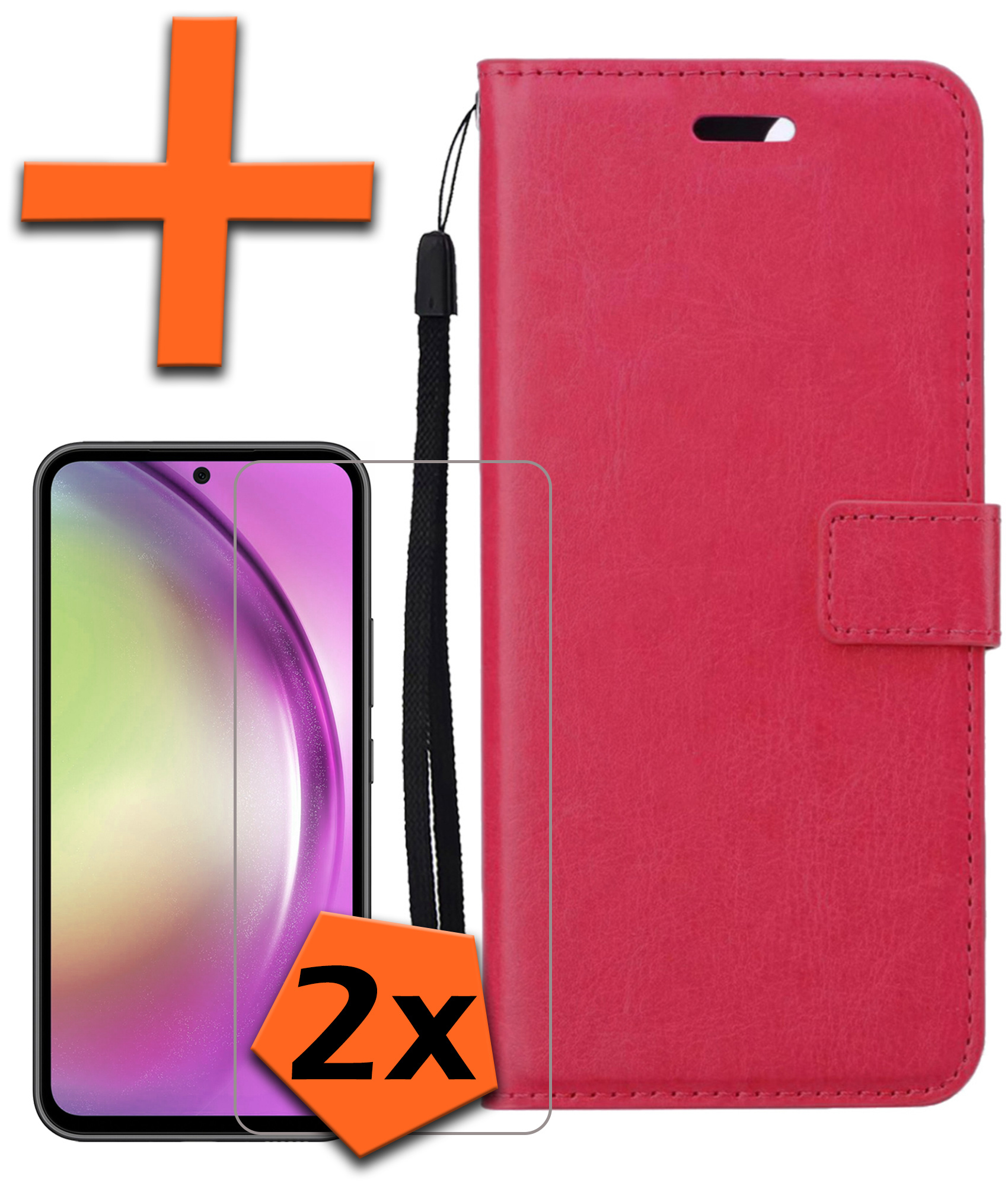 Nomfy Hoesje Geschikt voor Samsung A54 Hoes Bookcase Flipcase Book Cover Met 2x Screenprotector - Hoes Geschikt voor Samsung Galaxy A54 Hoesje Book Case - Donkerroze