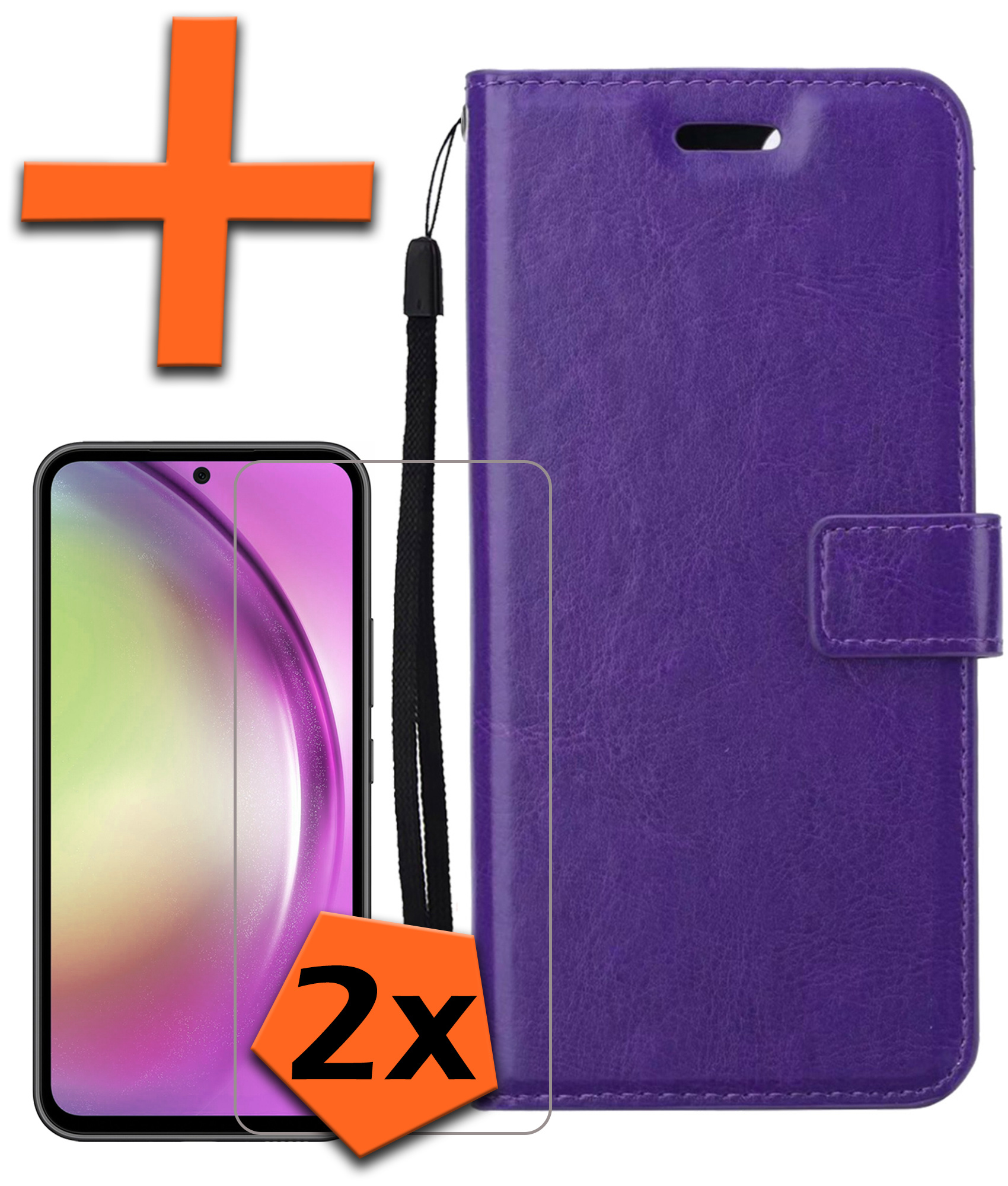 Nomfy Hoesje Geschikt voor Samsung A54 Hoes Bookcase Flipcase Book Cover Met 2x Screenprotector - Hoes Geschikt voor Samsung Galaxy A54 Hoesje Book Case - Paars