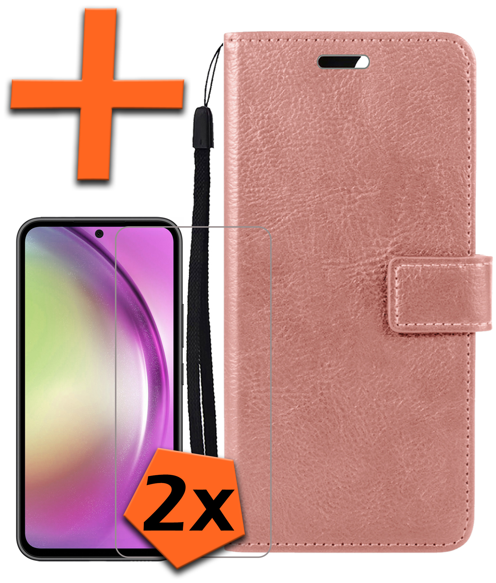 Nomfy Hoesje Geschikt voor Samsung A54 Hoes Bookcase Flipcase Book Cover Met 2x Screenprotector - Hoes Geschikt voor Samsung Galaxy A54 Hoesje Book Case - Rosé goud