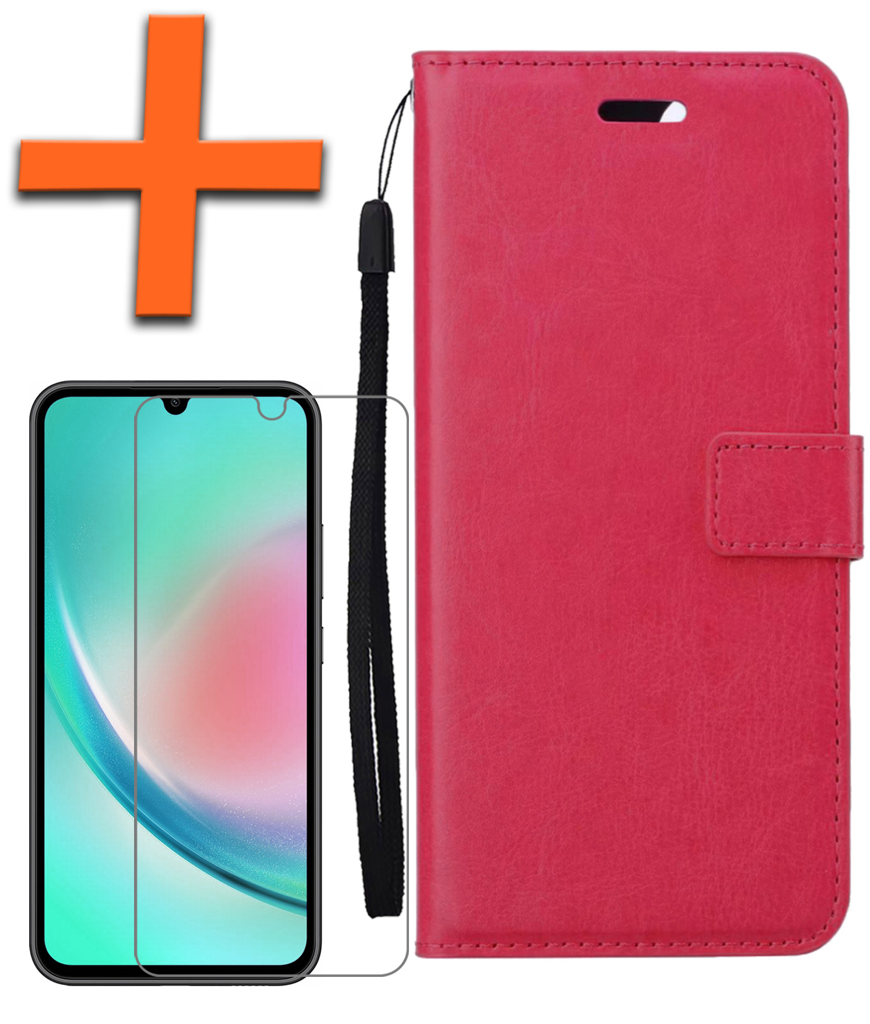 Nomfy Hoesje Geschikt voor Samsung A34 Hoes Bookcase Flipcase Book Cover Met Screenprotector - Hoes Geschikt voor Samsung Galaxy A34 Hoesje Book Case - Donkerroze
