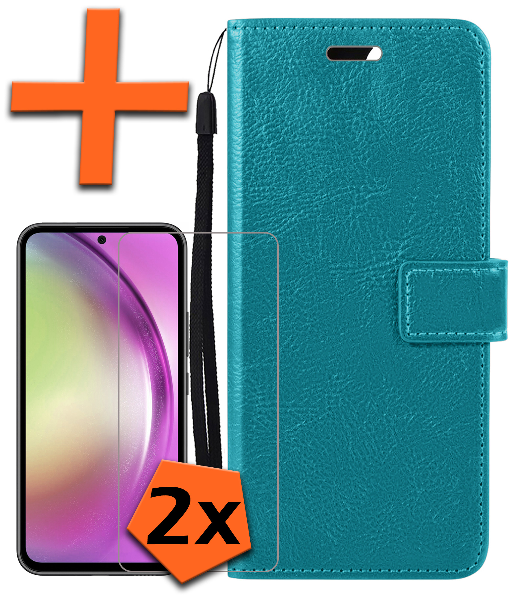Nomfy Hoesje Geschikt voor Samsung A54 Hoes Bookcase Flipcase Book Cover Met 2x Screenprotector - Hoes Geschikt voor Samsung Galaxy A54 Hoesje Book Case - Turquoise