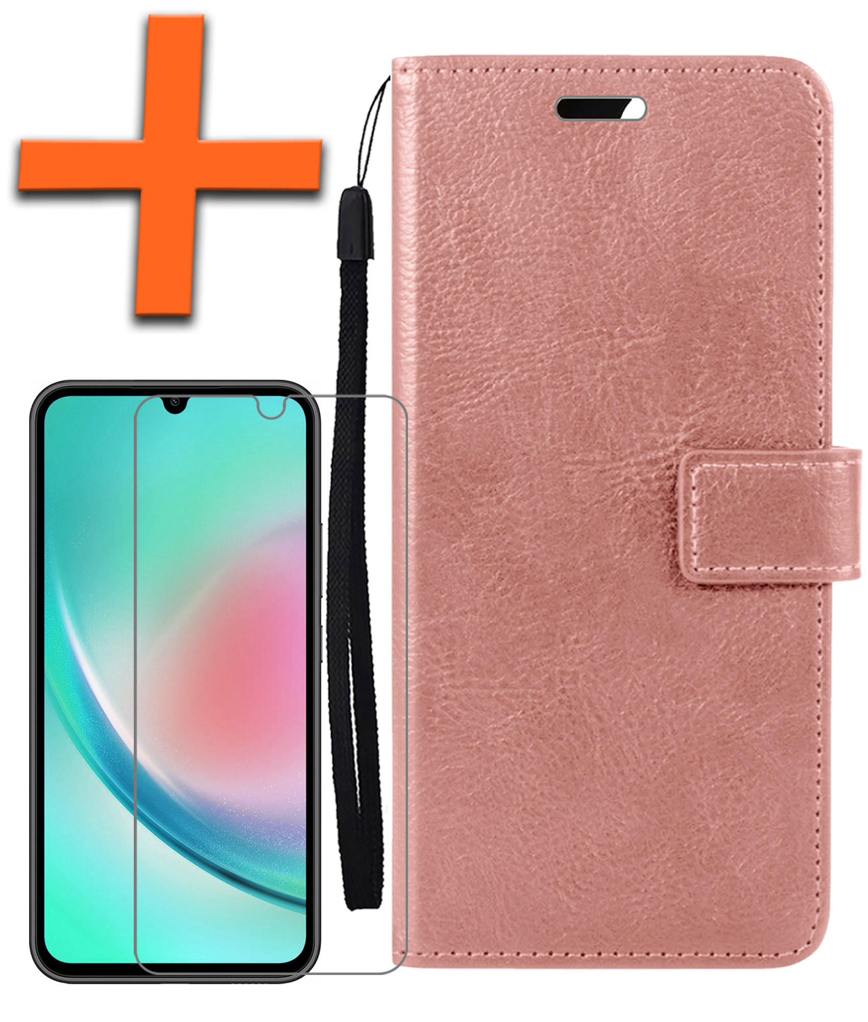 Nomfy Hoesje Geschikt voor Samsung A34 Hoes Bookcase Flipcase Book Cover Met Screenprotector - Hoes Geschikt voor Samsung Galaxy A34 Hoesje Book Case - Rosé goud