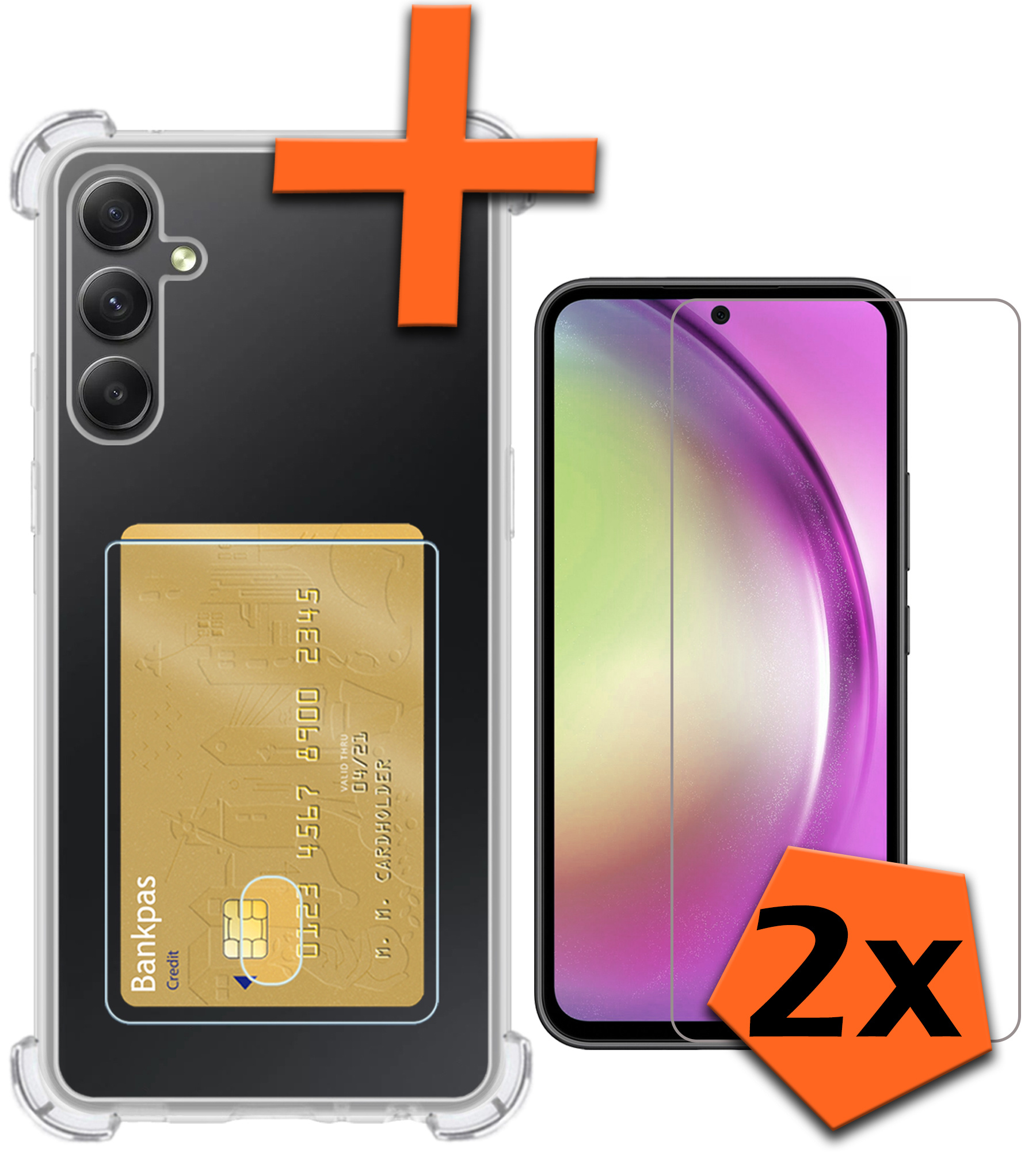 Nomfy Hoesje Geschikt voor Samsung A54 Hoesje Pasjeshouder Shockproof Pas Houder Met 2x Screenprotector - Hoesje Geschikt voor Samsung Galaxy A54 Hoes Met Kaarthouder - Transparant