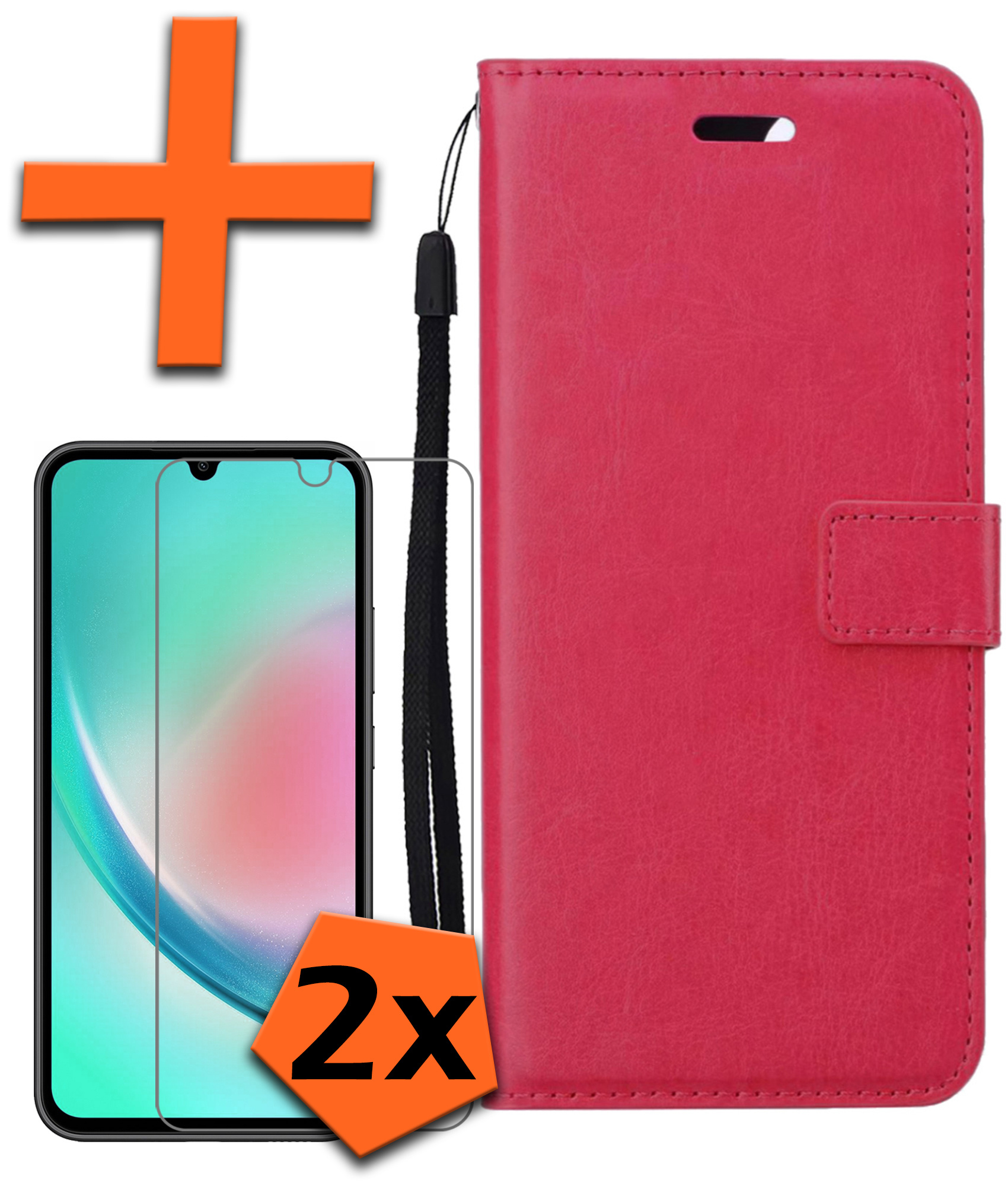 Nomfy Hoesje Geschikt voor Samsung A34 Hoes Bookcase Flipcase Book Cover Met 2x Screenprotector - Hoes Geschikt voor Samsung Galaxy A34 Hoesje Book Case - Donkerroze