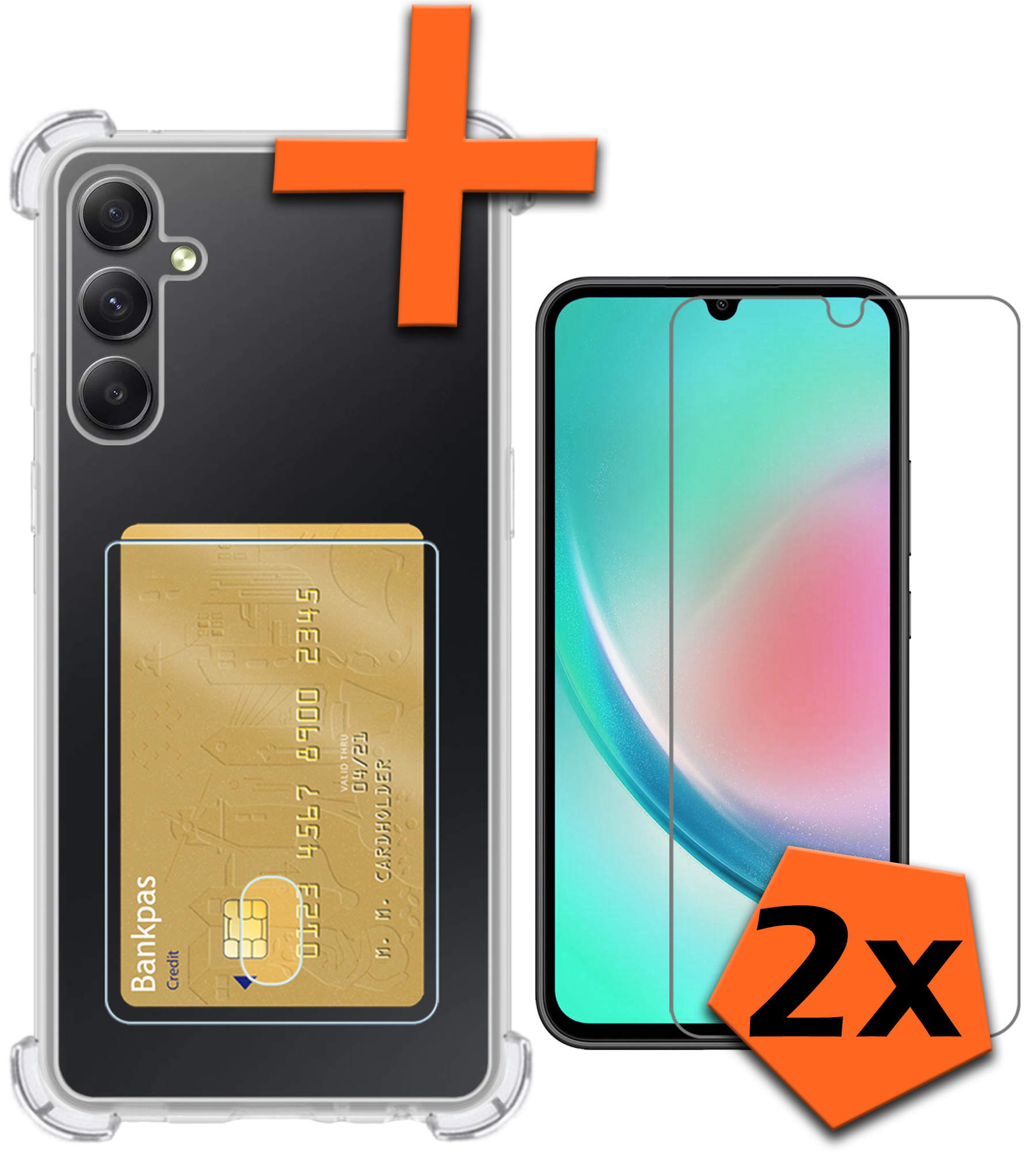 Nomfy Hoesje Geschikt voor Samsung A34 Hoesje Pasjeshouder Shockproof Pas Houder Met 2x Screenprotector - Hoesje Geschikt voor Samsung Galaxy A34 Hoes Met Kaarthouder - Transparant