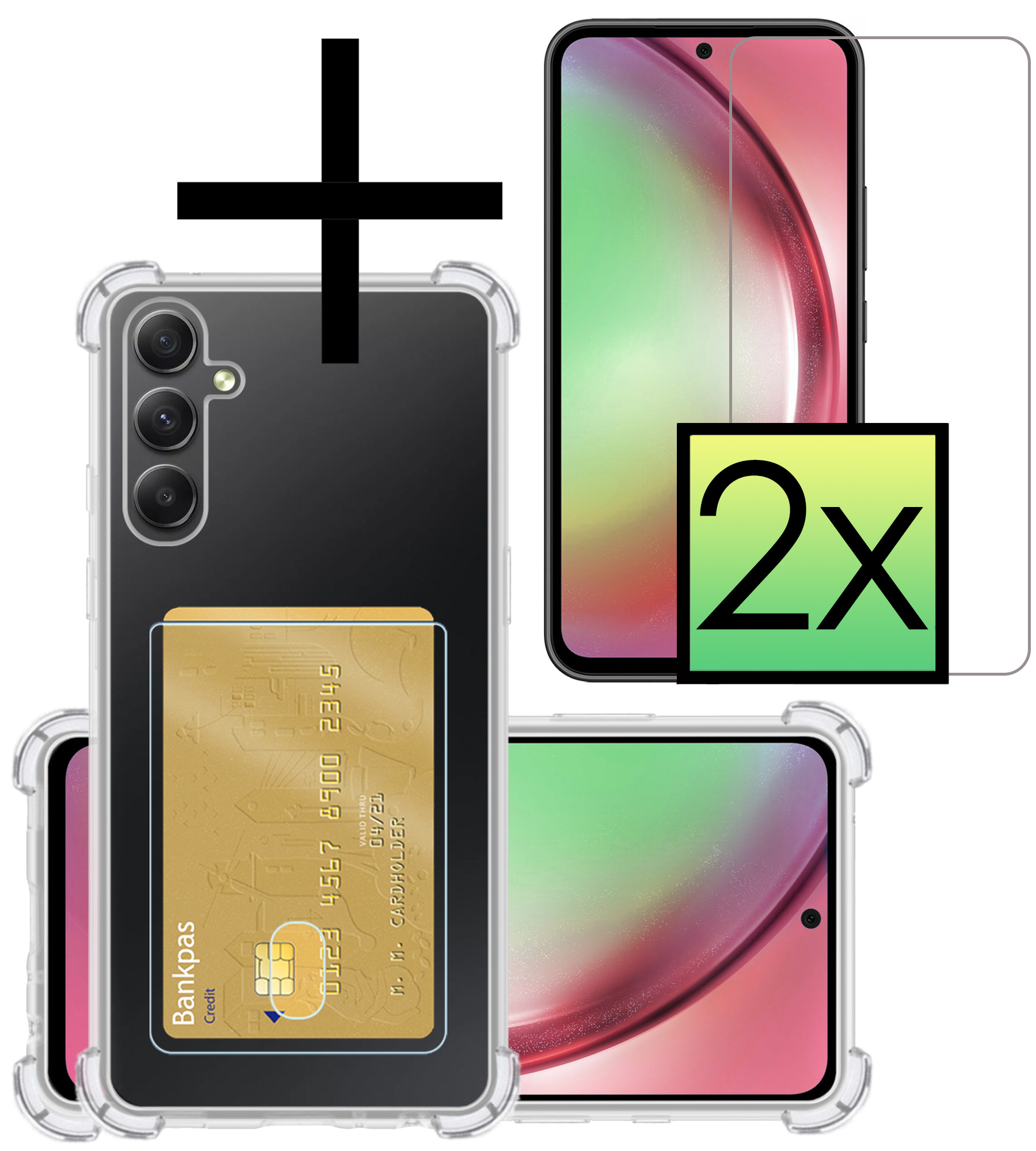 NoXx Hoes Geschikt voor Samsung A54 Hoesje Pasjeshouder Cover Shock Proof Case Siliconen Hoes Met Kaarthouder Met 2x Screenprotector - Transparant