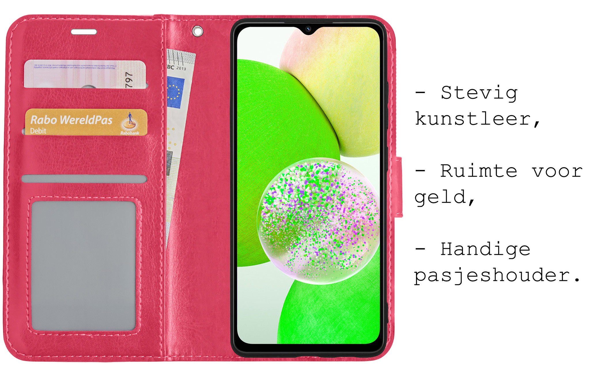BASEY. Hoes Geschikt voor Samsung A14 Hoesje Bookcase Hoes Flip Case Book Cover - Hoesje Geschikt voor Samsung Galaxy A14 Hoes Book Case Hoesje - Donkerroze
