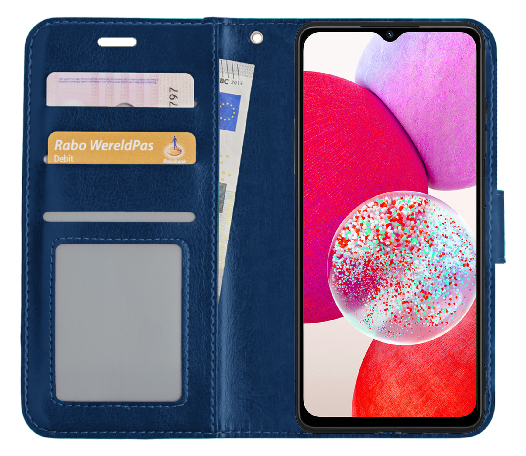 Hoes Geschikt voor Samsung A14 Hoesje Book Case Hoes Flip Cover Wallet Bookcase - Donkerblauw
