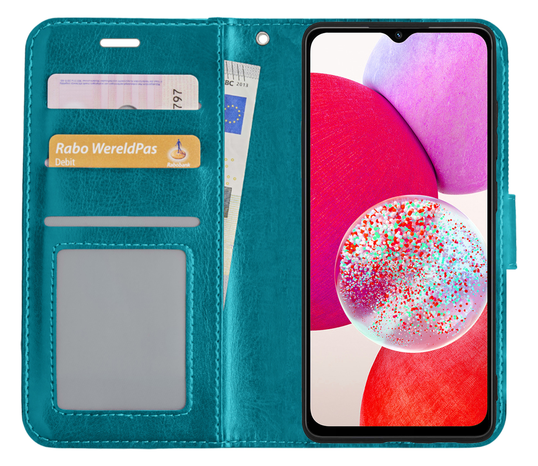 Hoes Geschikt voor Samsung A14 Hoesje Book Case Hoes Flip Cover Wallet Bookcase - Turquoise