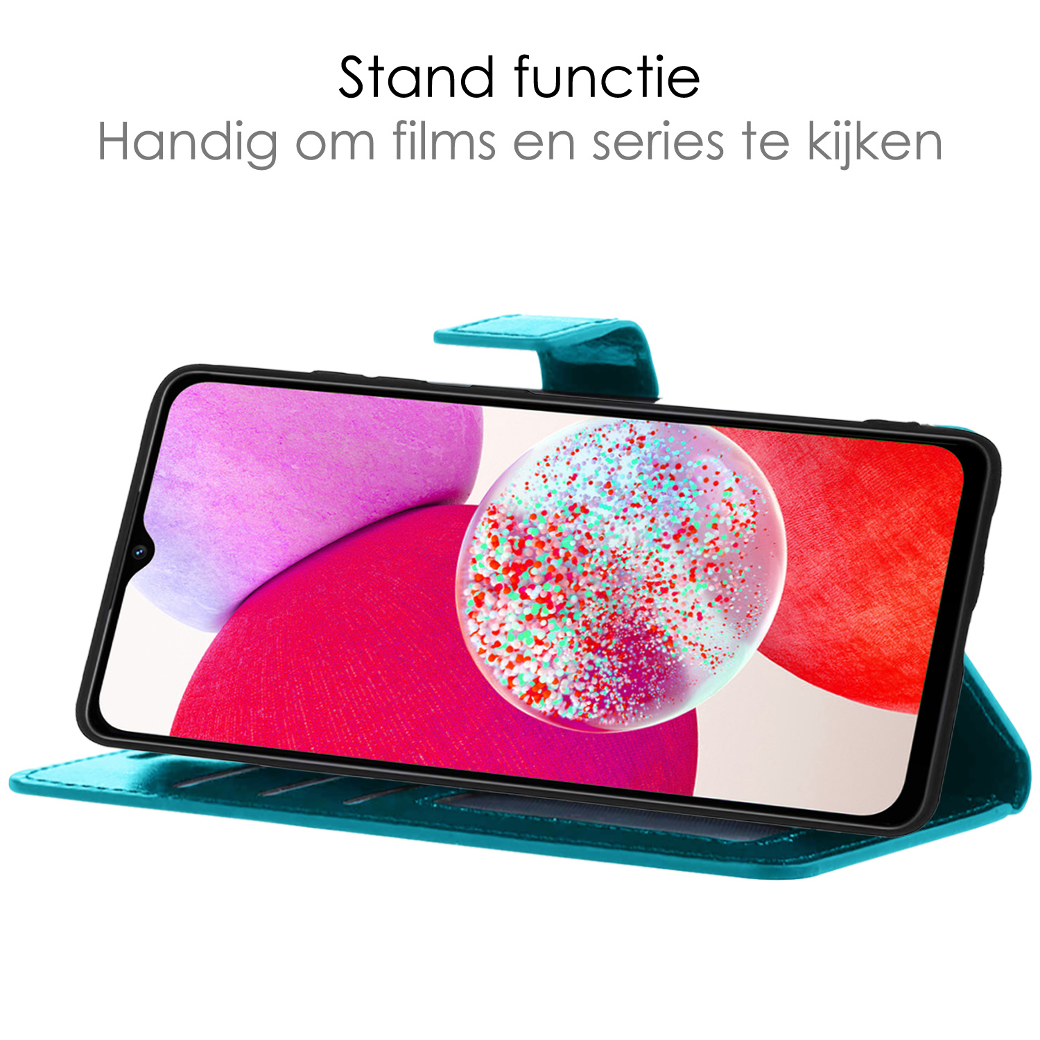 Hoes Geschikt voor Samsung A14 Hoesje Book Case Hoes Flip Cover Wallet Bookcase - Turquoise
