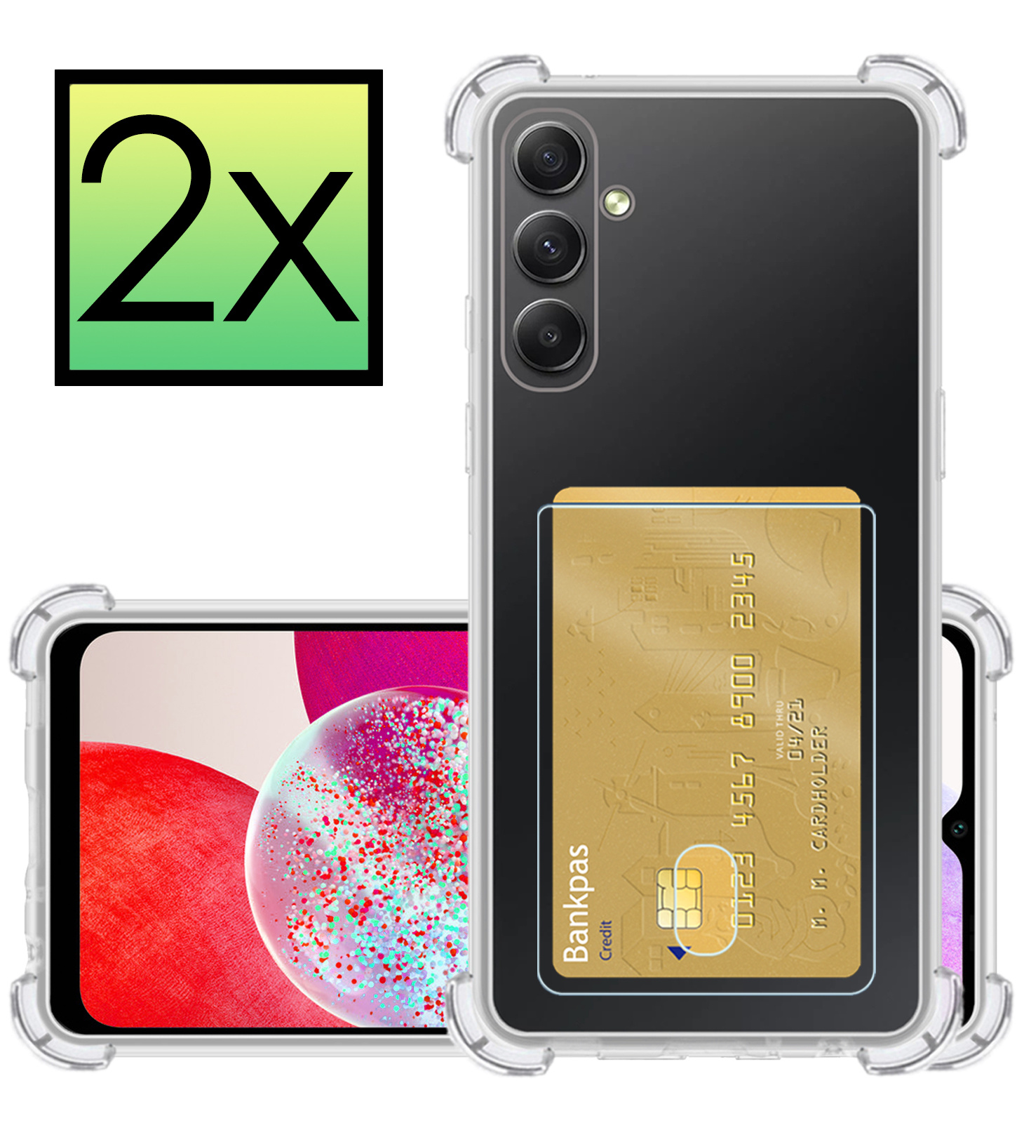 NoXx Hoes Geschikt voor Samsung A14 Hoesje Pasjeshouder Cover Shock Proof Case Siliconen Hoes Met Kaarthouder - Transparant - 2x