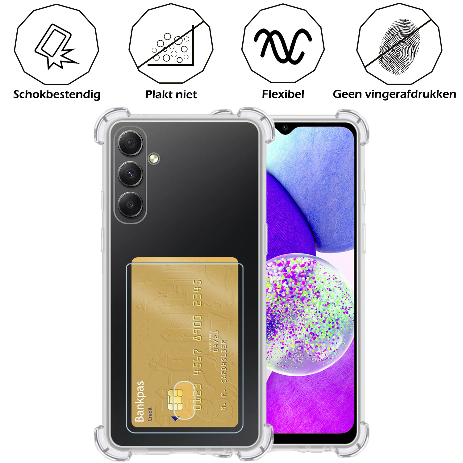 Nomfy Hoesje Geschikt voor Samsung A14 Hoesje Pasjeshouder Shockproof Pas Houder - Hoesje Geschikt voor Samsung Galaxy A14 Hoes Met Kaarthouder - Transparant - 2 PACK