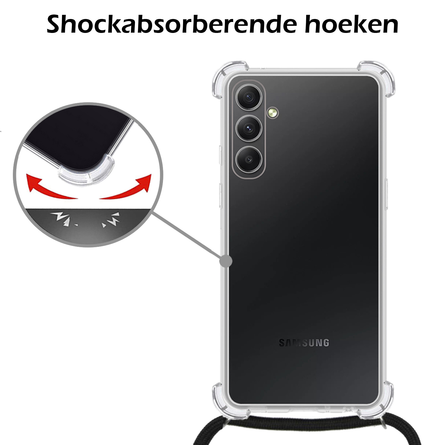 Nomfy Hoesje Geschikt voor Samsung A14 Hoesje Shock Proof Transparant Met Telefoonketting Case Shock Koord - Hoesje Geschikt voor Samsung Galaxy A14 Shock Proof Case Met Koord - Transparant