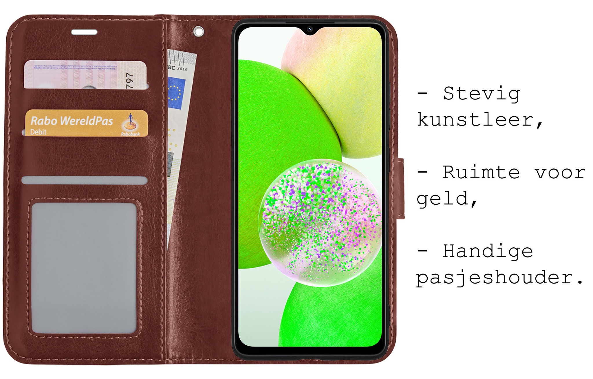 BASEY. Hoes Geschikt voor Samsung A14 Hoesje Bookcase Hoes Flip Case Book Cover Met Screenprotector - Hoesje Geschikt voor Samsung Galaxy A14 Hoes Book Case Hoesje - Bruin