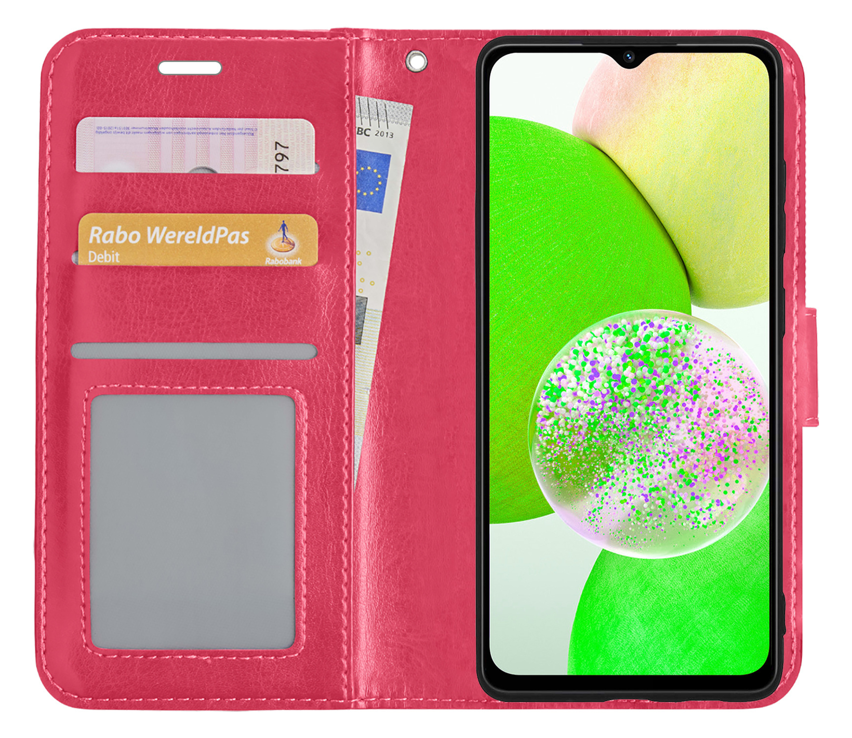 BASEY. Hoes Geschikt voor Samsung A14 Hoesje Bookcase Hoes Flip Case Book Cover Met Screenprotector - Hoesje Geschikt voor Samsung Galaxy A14 Hoes Book Case Hoesje - Donkerroze