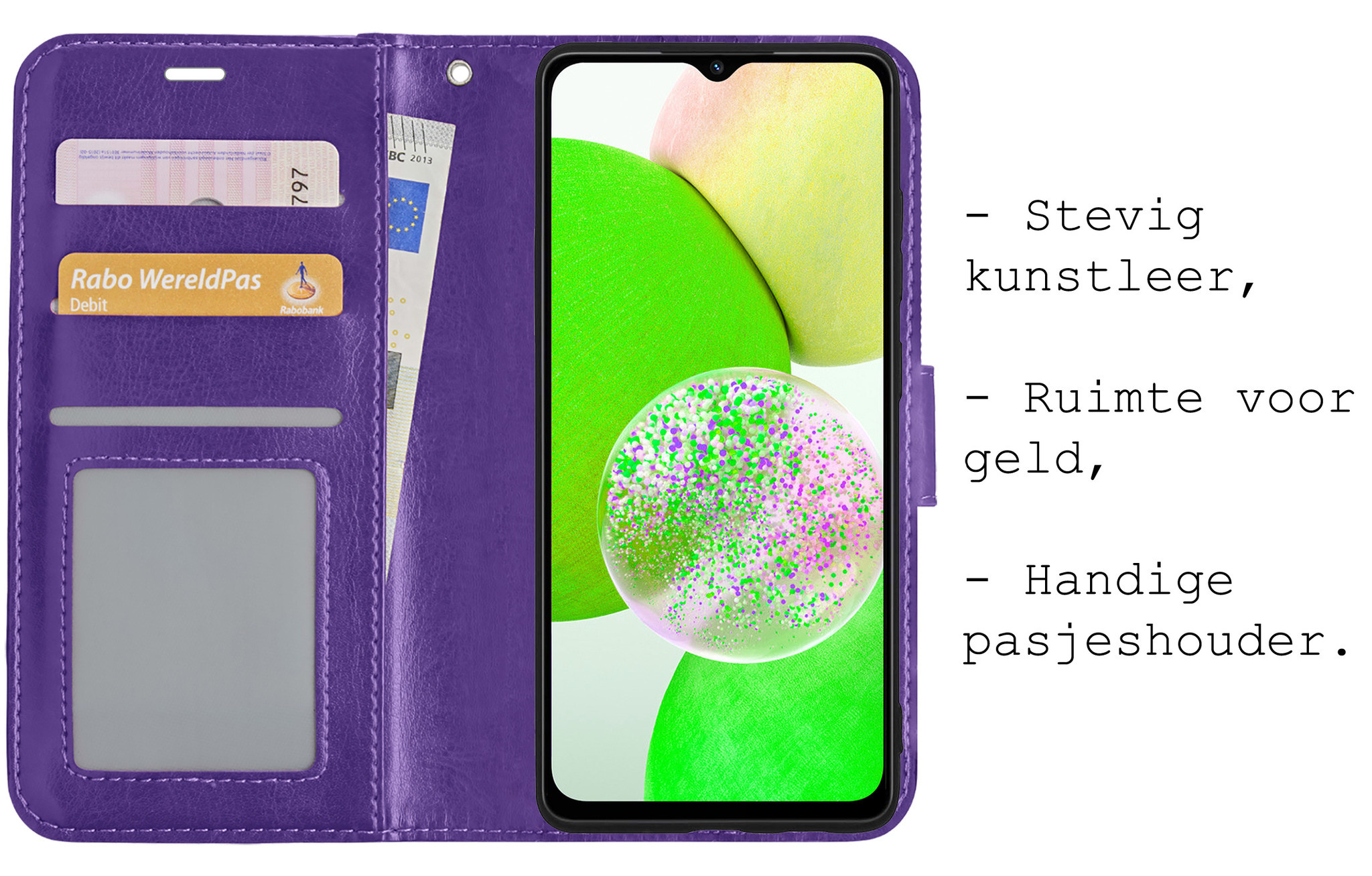 BASEY. Hoes Geschikt voor Samsung A14 Hoesje Bookcase Hoes Flip Case Book Cover Met Screenprotector - Hoesje Geschikt voor Samsung Galaxy A14 Hoes Book Case Hoesje - Paars