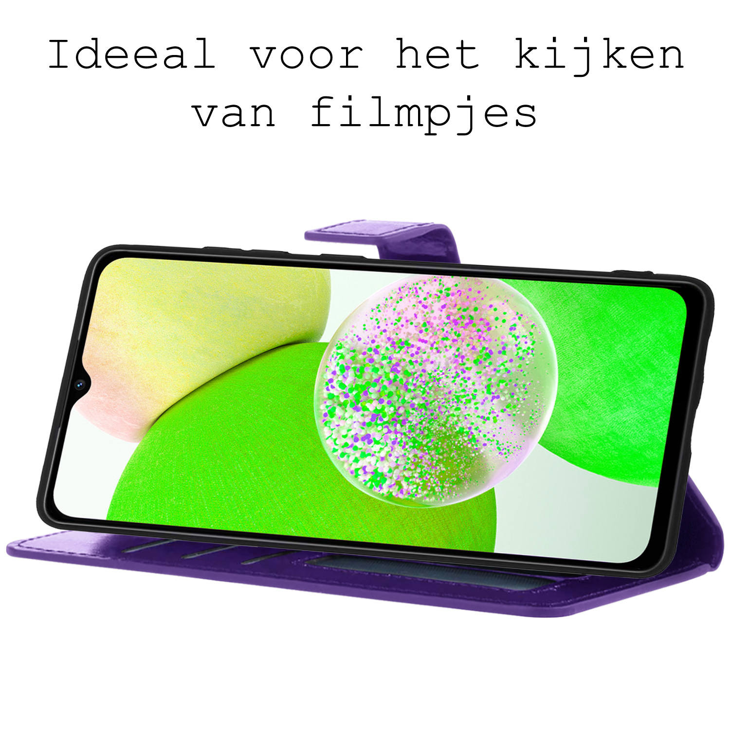 BASEY. Hoes Geschikt voor Samsung A14 Hoesje Bookcase Hoes Flip Case Book Cover Met Screenprotector - Hoesje Geschikt voor Samsung Galaxy A14 Hoes Book Case Hoesje - Paars