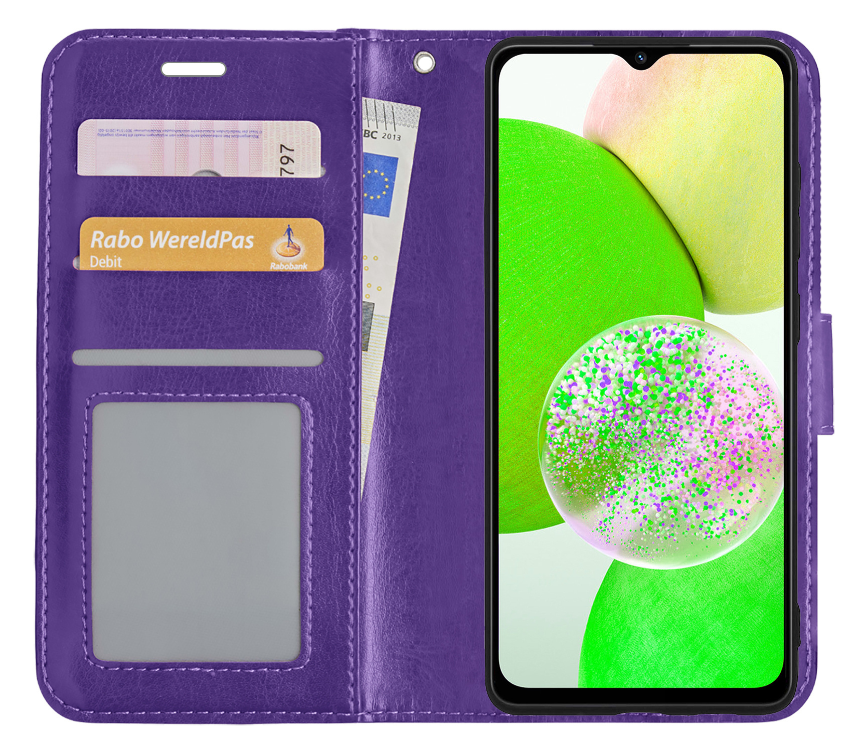 BASEY. Hoes Geschikt voor Samsung A14 Hoesje Bookcase Hoes Flip Case Book Cover Met Screenprotector - Hoesje Geschikt voor Samsung Galaxy A14 Hoes Book Case Hoesje - Paars