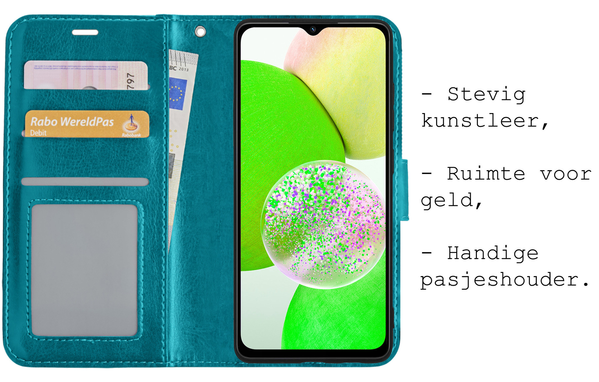 Samsung Galaxy A14 Hoesje Bookcase Hoes Flip Case Book Cover Met Screenprotector - Samsung A14 Hoes Book Case Hoesje - Turquoise
