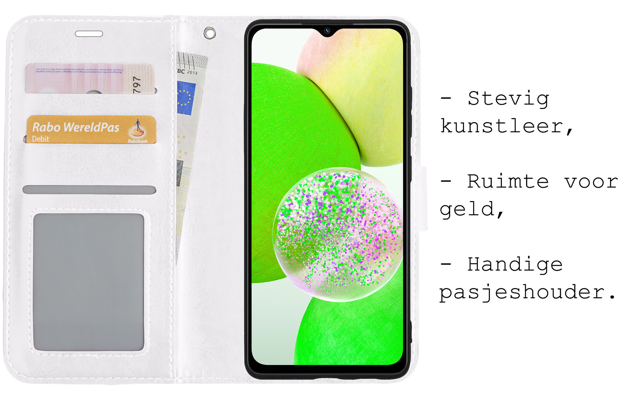 BASEY. Hoes Geschikt voor Samsung A14 Hoesje Bookcase Hoes Flip Case Book Cover Met Screenprotector - Hoesje Geschikt voor Samsung Galaxy A14 Hoes Book Case Hoesje - Wit