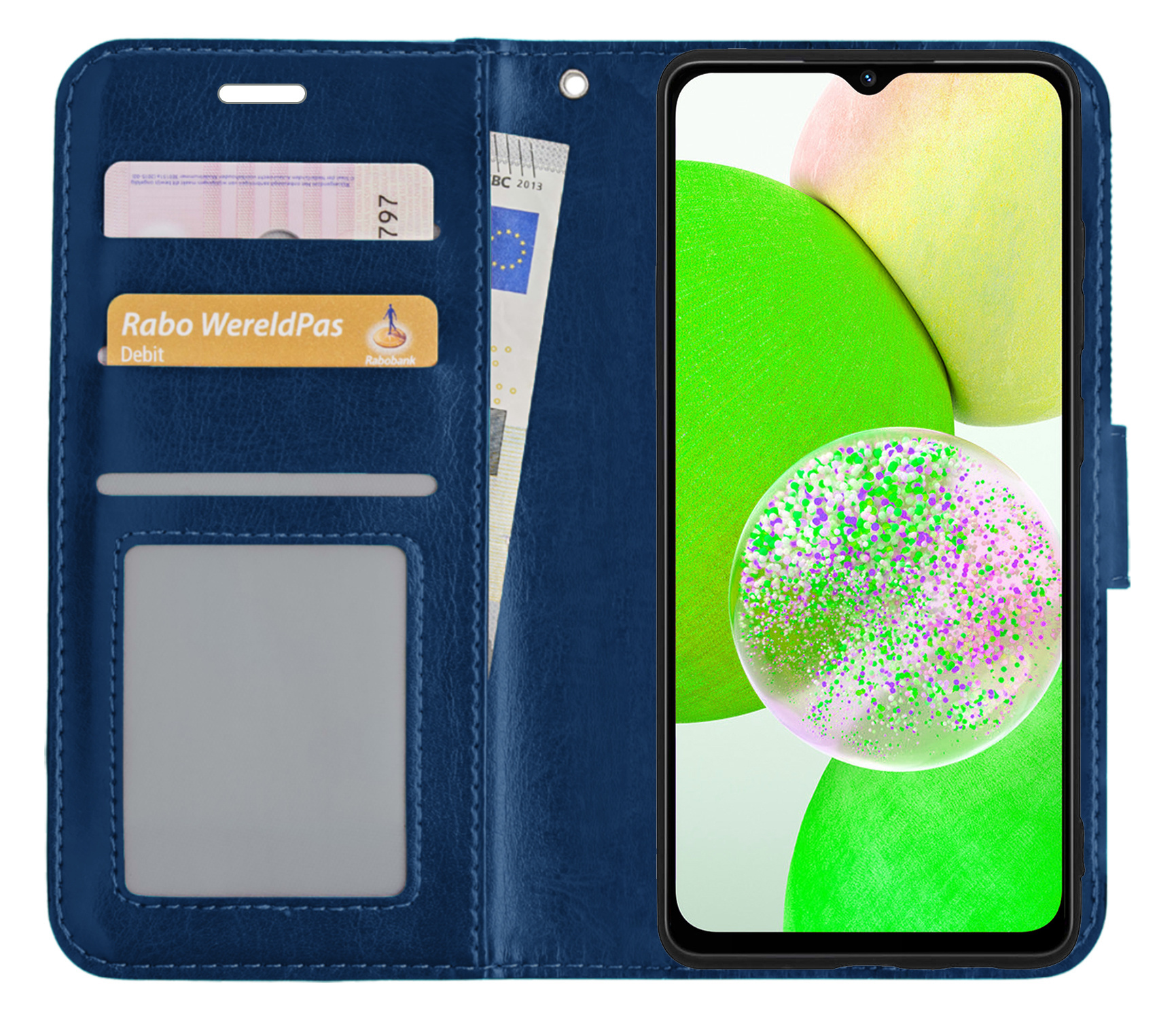 BASEY. Hoes Geschikt voor Samsung A14 Hoesje Bookcase Hoes Flip Case Book Cover Met 2x Screenprotector - Hoesje Geschikt voor Samsung Galaxy A14 Hoes Book Case Hoesje - Donkerblauw