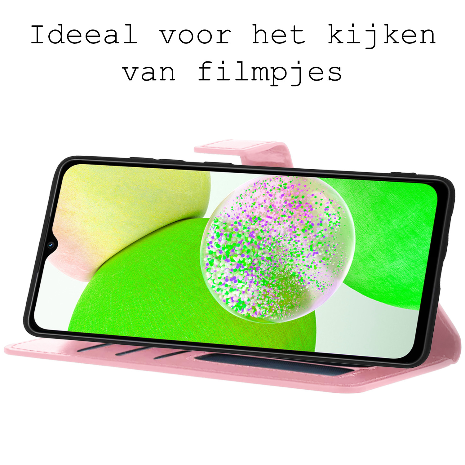 BASEY. Hoes Geschikt voor Samsung A14 Hoesje Bookcase Hoes Flip Case Book Cover Met 2x Screenprotector - Hoesje Geschikt voor Samsung Galaxy A14 Hoes Book Case Hoesje - Lichtroze