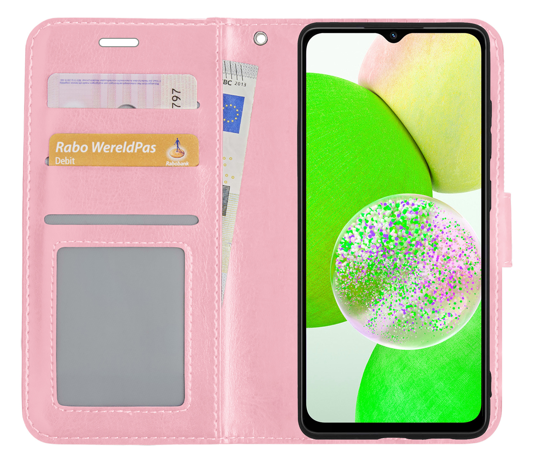 Samsung Galaxy A14 Hoesje Bookcase Hoes Flip Case Book Cover 2x Met Screenprotector - Samsung A14 Hoes Book Case Hoesje - Licht Roze