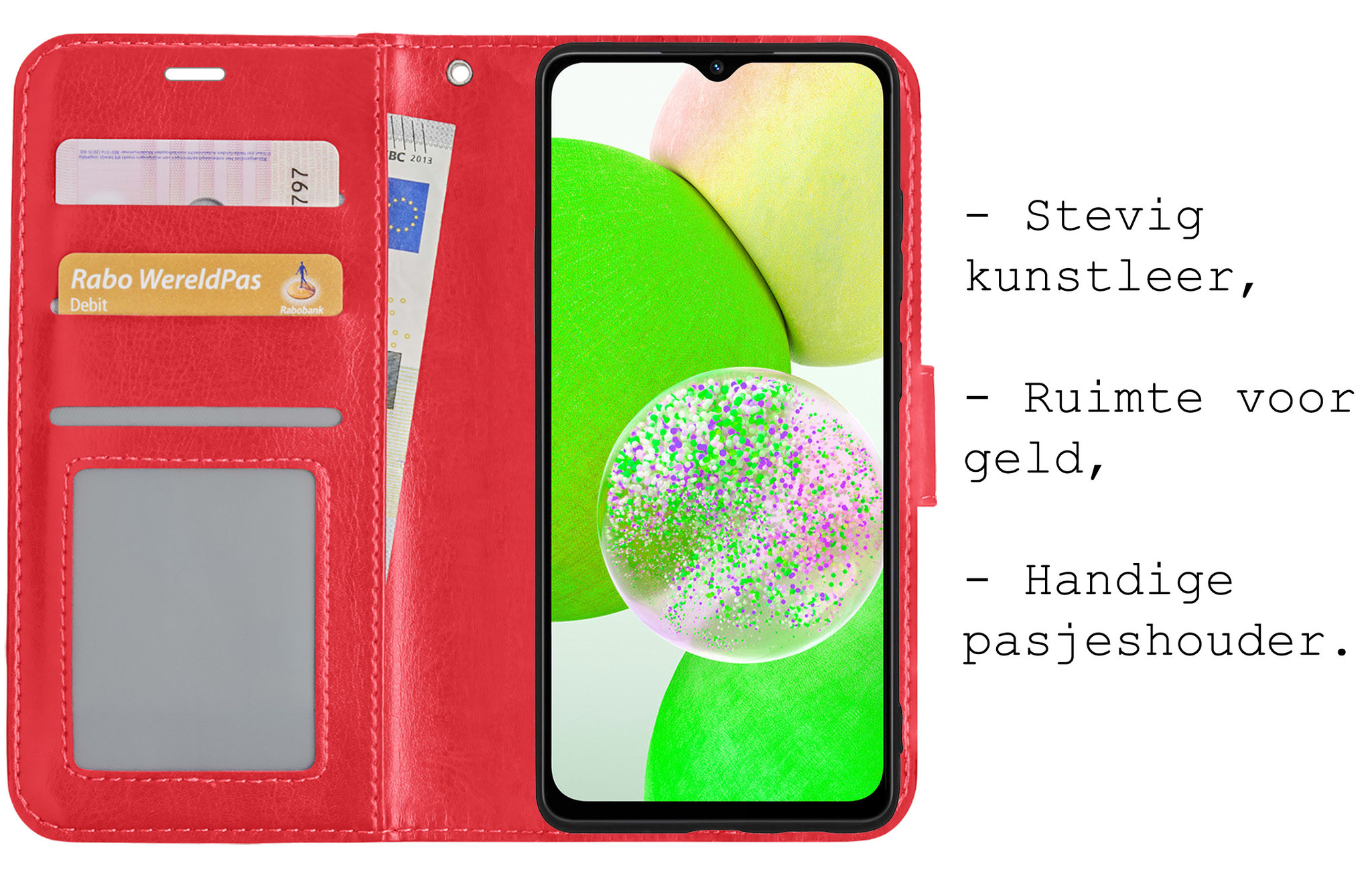 BASEY. Hoes Geschikt voor Samsung A14 Hoesje Bookcase Hoes Flip Case Book Cover Met 2x Screenprotector - Hoesje Geschikt voor Samsung Galaxy A14 Hoes Book Case Hoesje - Rood