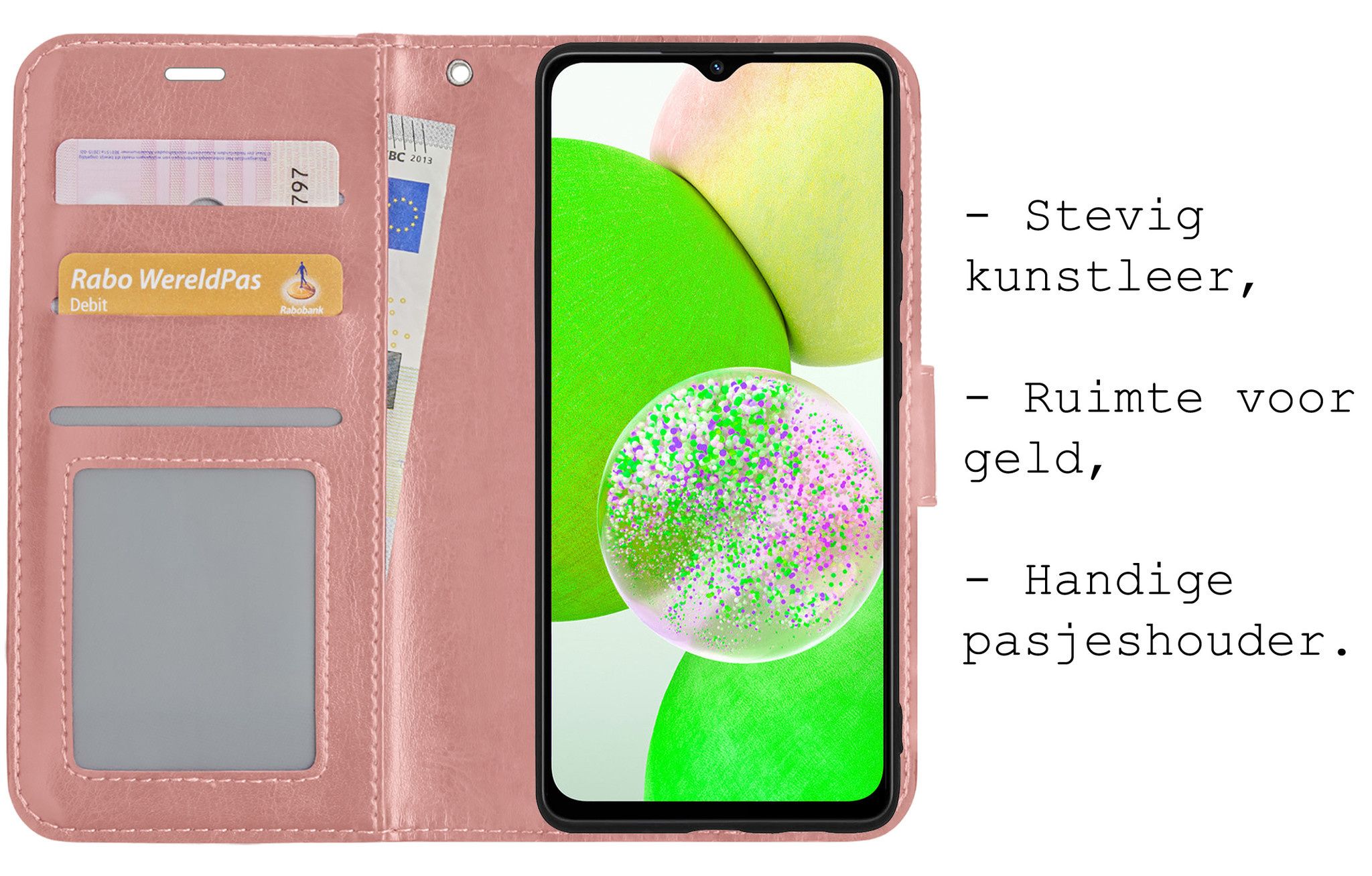 BASEY. Hoes Geschikt voor Samsung A14 Hoesje Bookcase Hoes Flip Case Book Cover Met 2x Screenprotector - Hoesje Geschikt voor Samsung Galaxy A14 Hoes Book Case Hoesje - Rosé goud