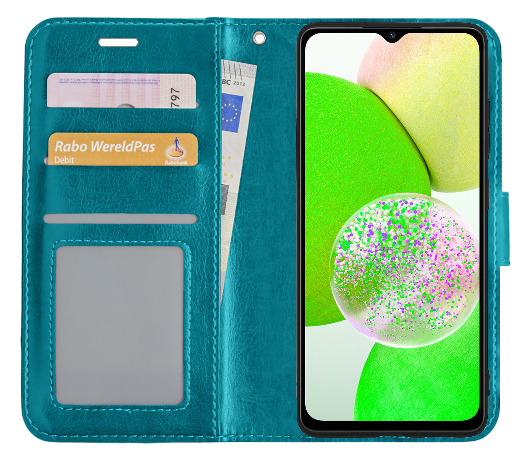 BASEY. Hoes Geschikt voor Samsung A14 Hoesje Bookcase Hoes Flip Case Book Cover Met 2x Screenprotector - Hoesje Geschikt voor Samsung Galaxy A14 Hoes Book Case Hoesje - Turquoise