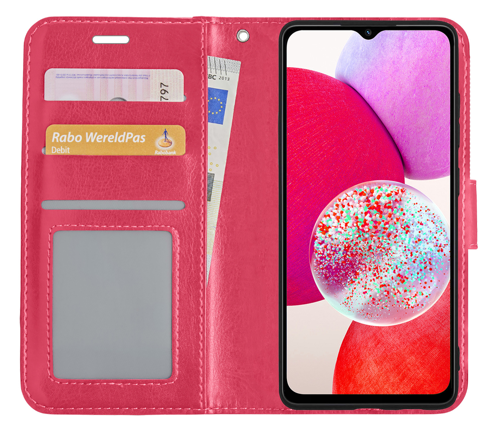 NoXx Hoes Geschikt voor Samsung A14 Hoesje Book Case Hoes Flip Cover Wallet Bookcase Met 2x Screenprotector - Donkerroze