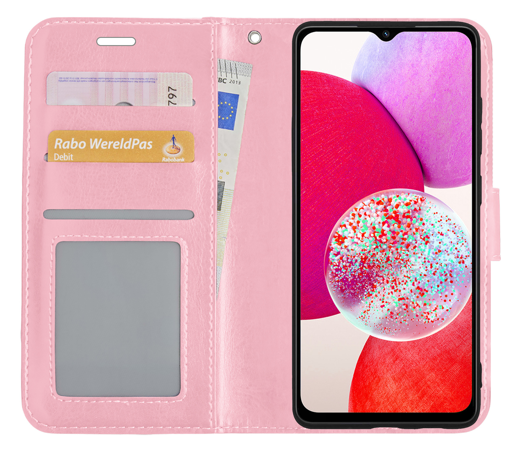 NoXx Hoes Geschikt voor Samsung A14 Hoesje Book Case Hoes Flip Cover Wallet Bookcase Met 2x Screenprotector - Lichtroze