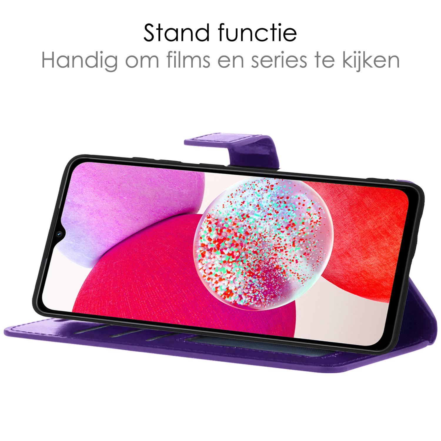 NoXx Hoes Geschikt voor Samsung A14 Hoesje Book Case Hoes Flip Cover Wallet Bookcase Met 2x Screenprotector - Paars