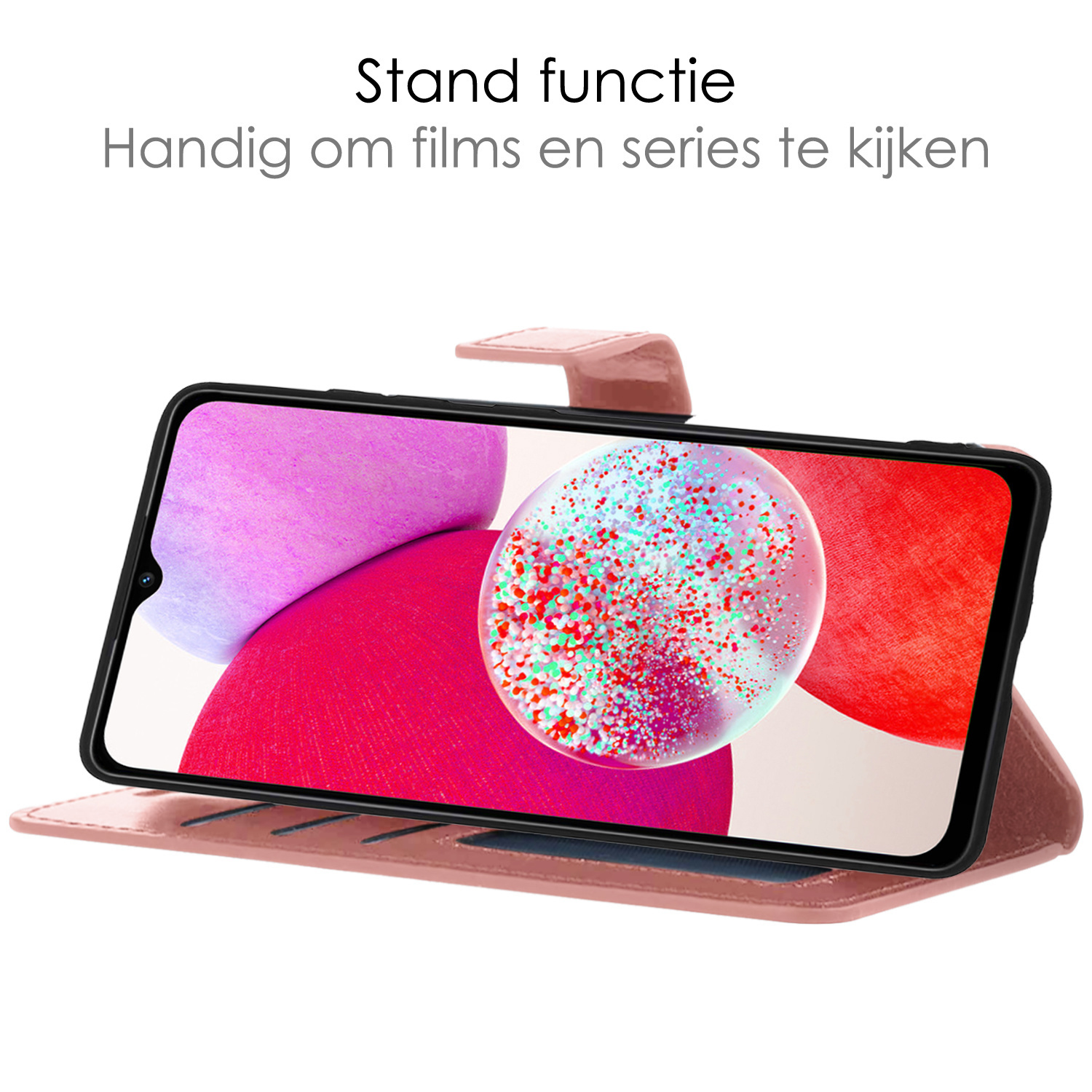 NoXx Hoes Geschikt voor Samsung A14 Hoesje Book Case Hoes Flip Cover Wallet Bookcase Met 2x Screenprotector - Rosé goud