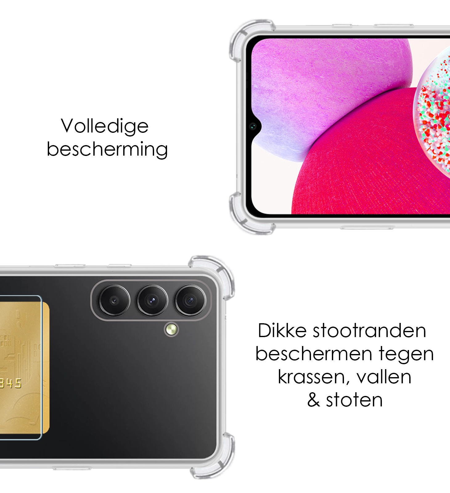 NoXx Hoes Geschikt voor Samsung A14 Hoesje Pasjeshouder Cover Shock Proof Case Siliconen Hoes Met Kaarthouder Met 2x Screenprotector - Transparant