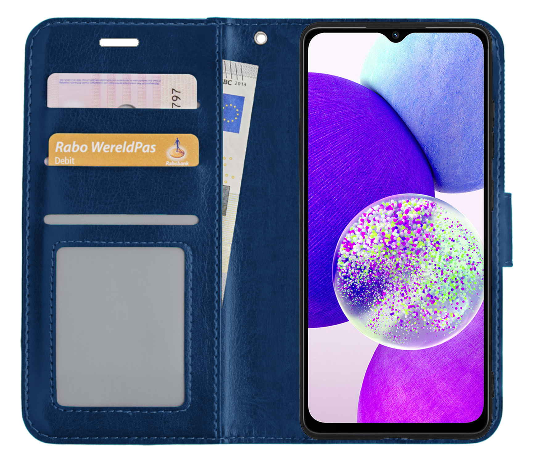 Nomfy Hoesje Geschikt voor Samsung A14 Hoes Bookcase Flipcase Book Cover Met Screenprotector - Hoes Geschikt voor Samsung Galaxy A14 Hoesje Book Case - Donkerblauw