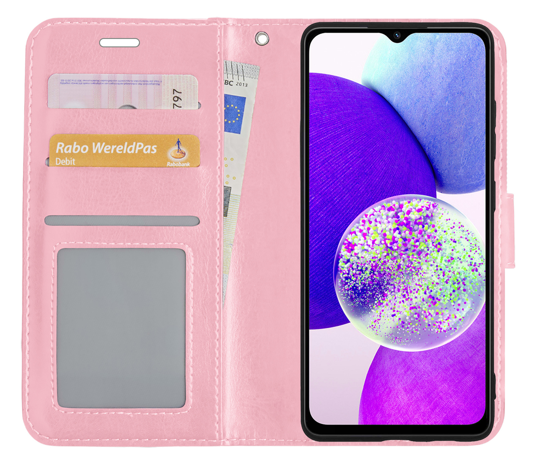Nomfy Hoesje Geschikt voor Samsung A14 Hoes Bookcase Flipcase Book Cover Met Screenprotector - Hoes Geschikt voor Samsung Galaxy A14 Hoesje Book Case - Lichtroze