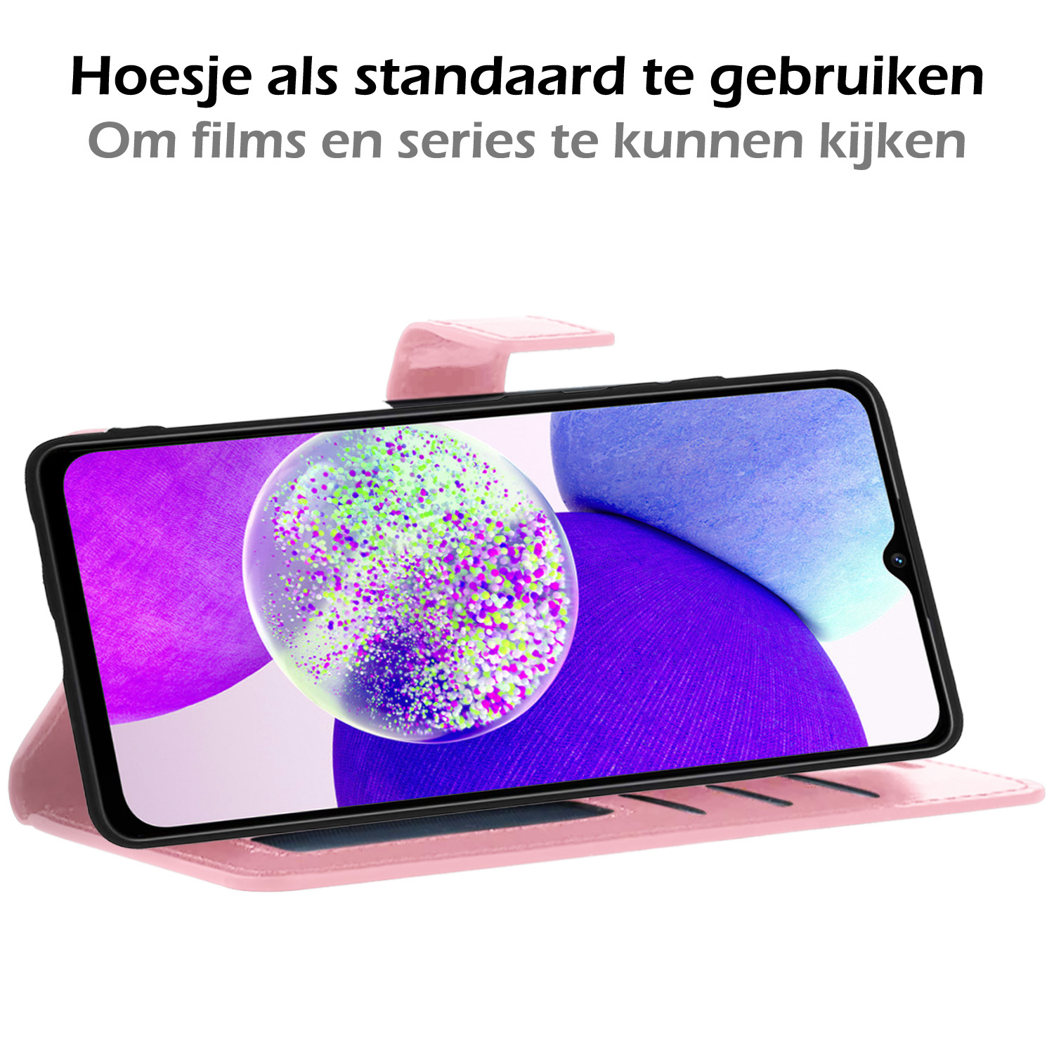 Nomfy Hoesje Geschikt voor Samsung A14 Hoes Bookcase Flipcase Book Cover Met Screenprotector - Hoes Geschikt voor Samsung Galaxy A14 Hoesje Book Case - Lichtroze
