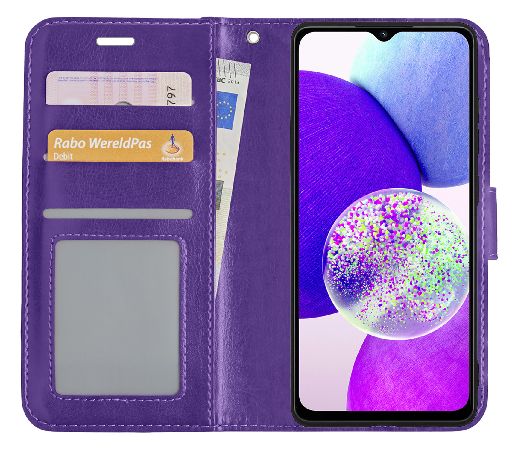Nomfy Hoesje Geschikt voor Samsung A14 Hoes Bookcase Flipcase Book Cover Met Screenprotector - Hoes Geschikt voor Samsung Galaxy A14 Hoesje Book Case - Paars