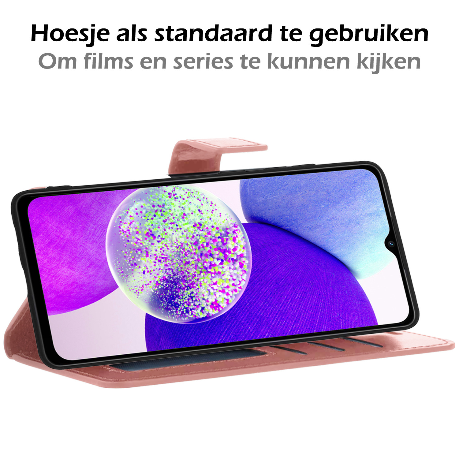 Nomfy Hoesje Geschikt voor Samsung A14 Hoes Bookcase Flipcase Book Cover Met Screenprotector - Hoes Geschikt voor Samsung Galaxy A14 Hoesje Book Case - Rosé goud
