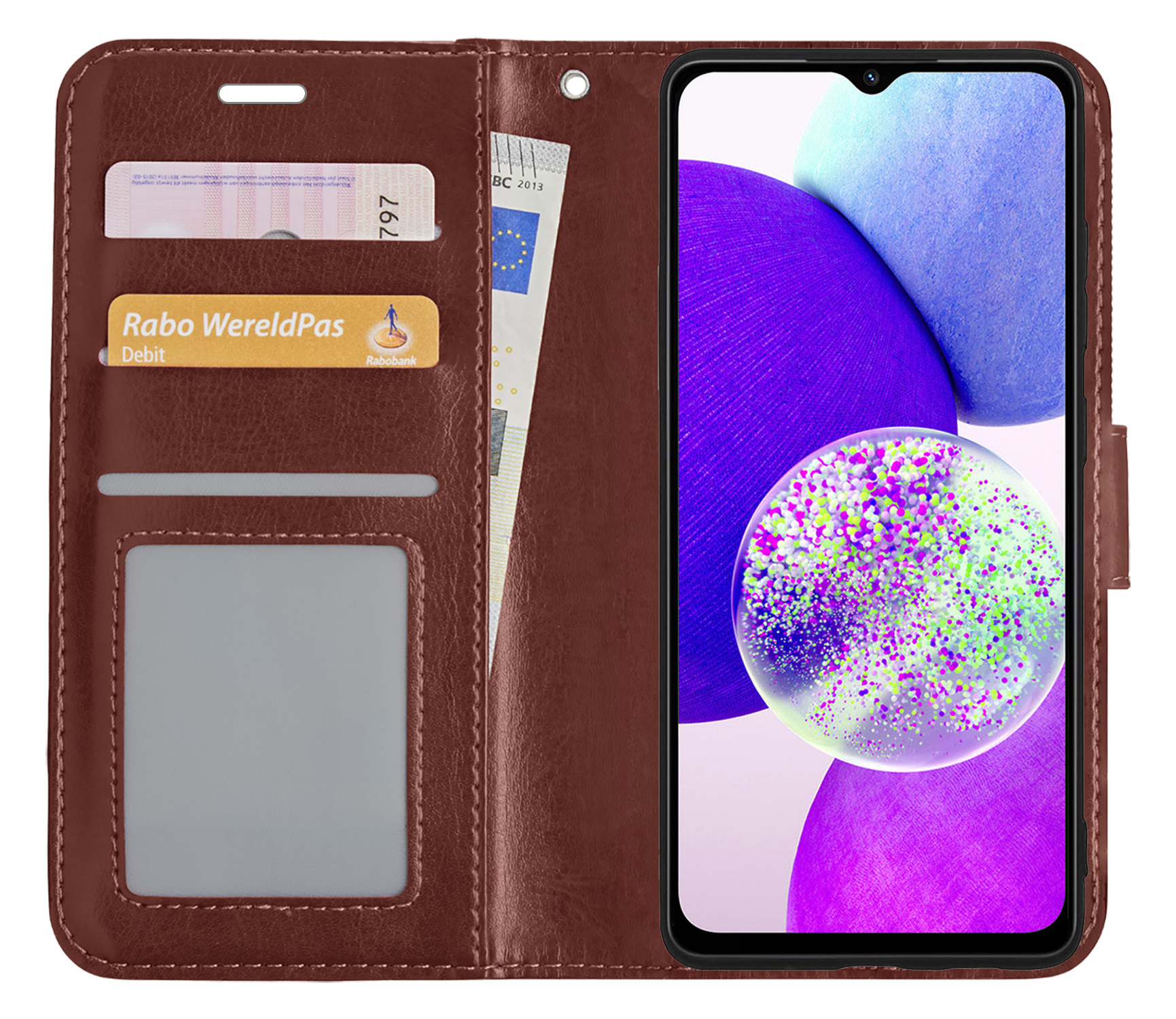 Nomfy Hoesje Geschikt voor Samsung A14 Hoes Bookcase Flipcase Book Cover Met 2x Screenprotector - Hoes Geschikt voor Samsung Galaxy A14 Hoesje Book Case - Bruin