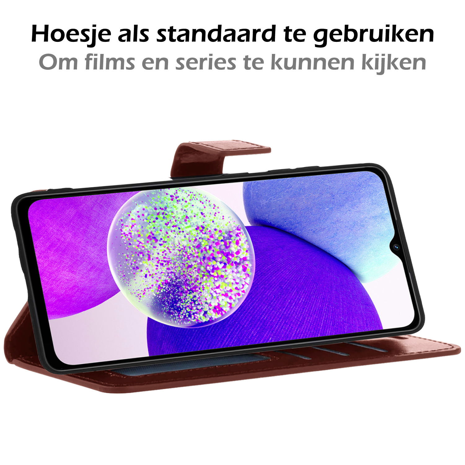 Nomfy Hoesje Geschikt voor Samsung A14 Hoes Bookcase Flipcase Book Cover Met 2x Screenprotector - Hoes Geschikt voor Samsung Galaxy A14 Hoesje Book Case - Bruin